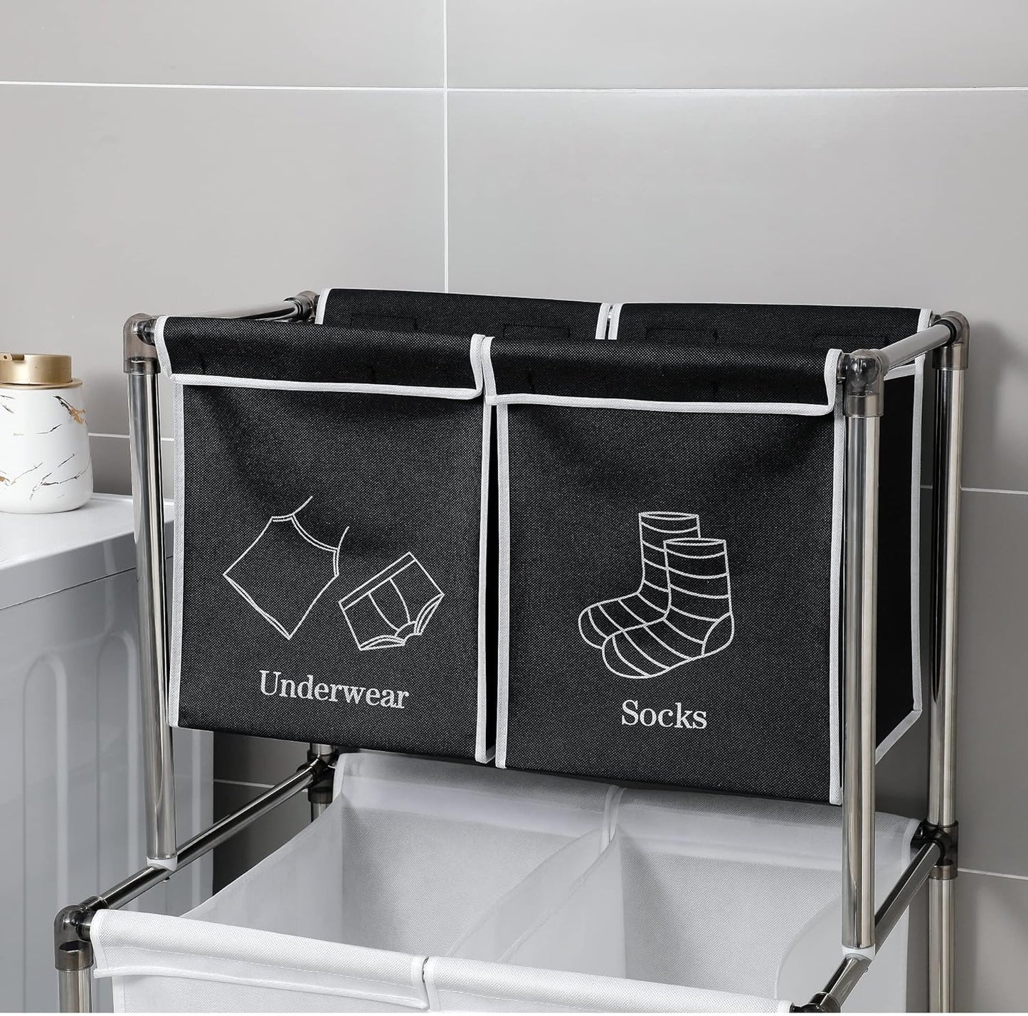 2 Tier Laundry Sorter with 4 Removable Bags for Organizing Clothes - Large Freestanding Laundry Hamper - Laundry Basket for Dirty Clothes in Laundry Room