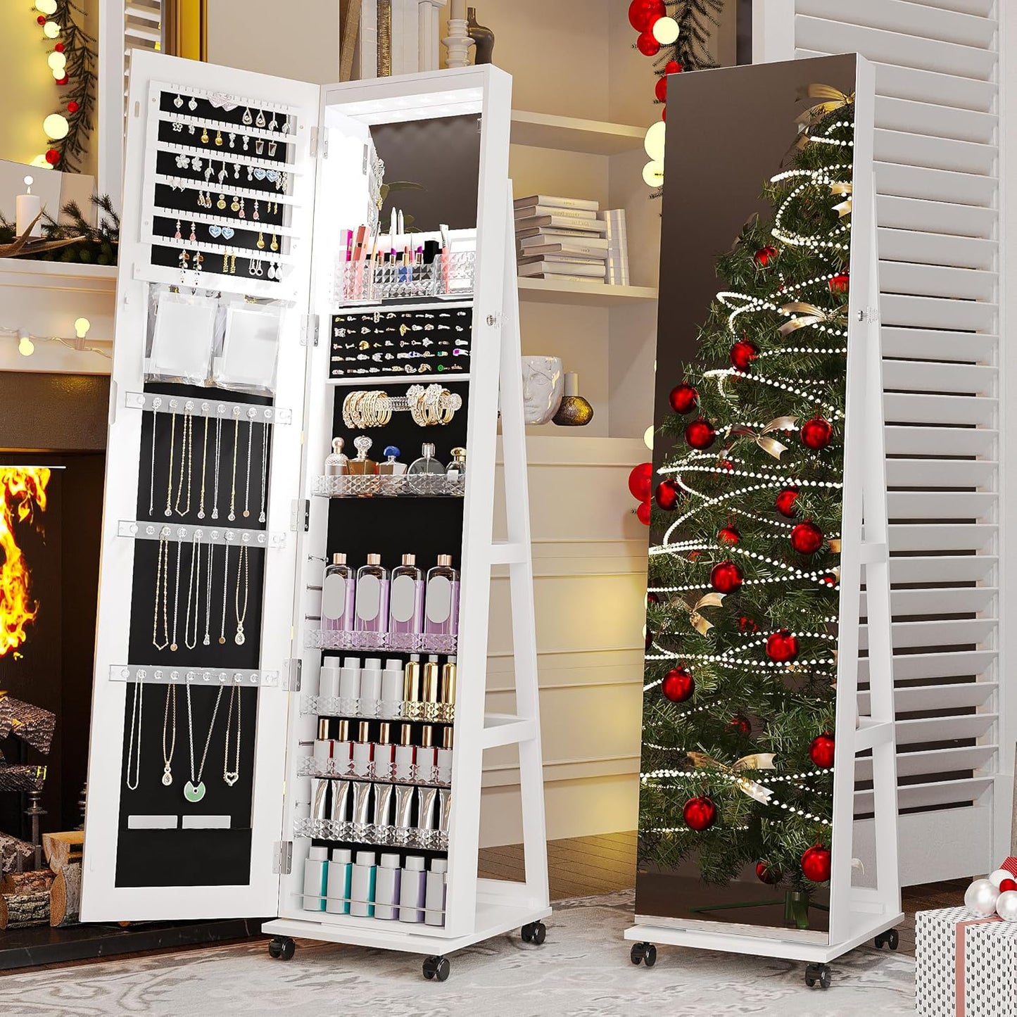HNEBC 360° Swivel Mirrored Jewelry Armoire with 6 LEDS, Full Length Mirror with Jewelry Storage, Lockable Floor Standing Mirror with 4 Lockable Wheels for Cloakroom, Bedroom(White)