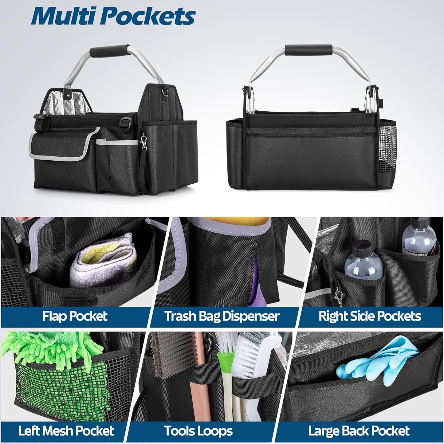 Wearable Detailing Caddy, Quick Load Collapsible Car Care Bag with Handle & Shoulder Strap, Detail Carry Organizer with Multi Pockets for Auto Cleaning Supplies & Vehicle Wash Tools, Bag Only