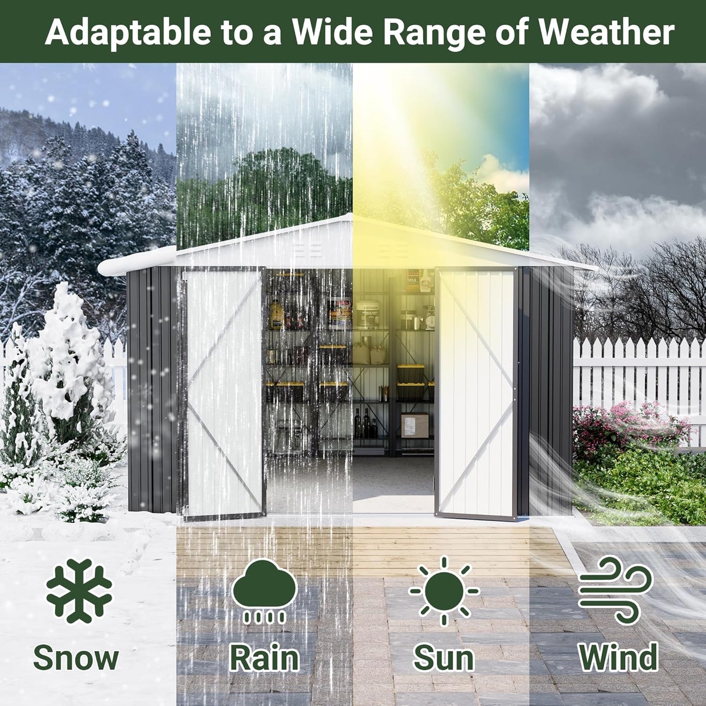 10x12 FT Outdoor Storage Shed, Garden Shed with Updated Frame Structure and Lockable Doors, Metal Tool Sheds for Backyard Garden Patio Lawn, White