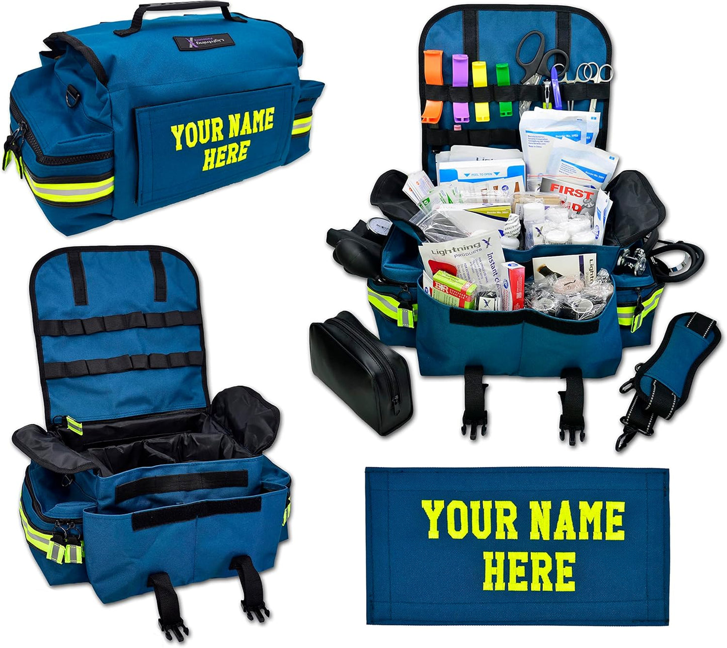 Lightning X Personalized First Responder EMT EMS Trauma Bag w/Stocked First Aid Fill Kit B & Custom Embroidered Name Patch (Blue)