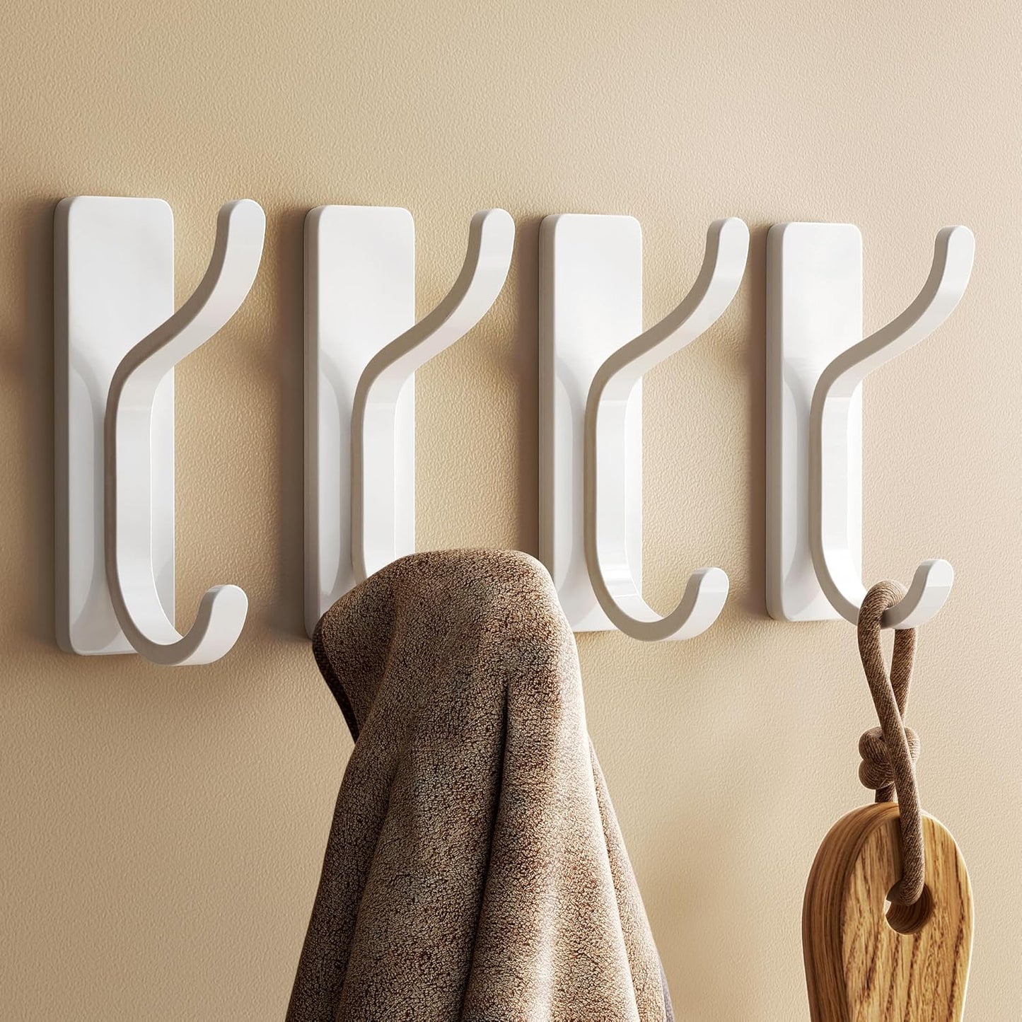 pickpiff Adhesive Wall Hooks for Hanging Towels - Heavy Duty Stick On Hooks, Strong Hold up to 13 lbs, Damage-Free Hangers for Coats, Bags, Purses, Ideal for Door, Closet, or Bathroom, White, 4 Pack