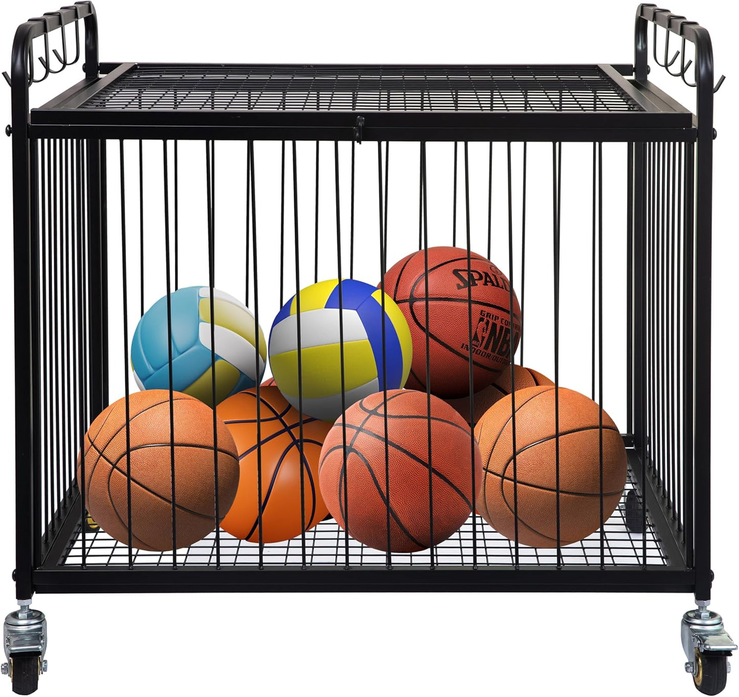Matt Black Metal Rolling Cart Ball Gym Equipment Sports Gear Storage Portable Wheel Basket Lockable Cage Raised Handle Athletic Basketball Football Soccer Volleyball Racket School PE Class