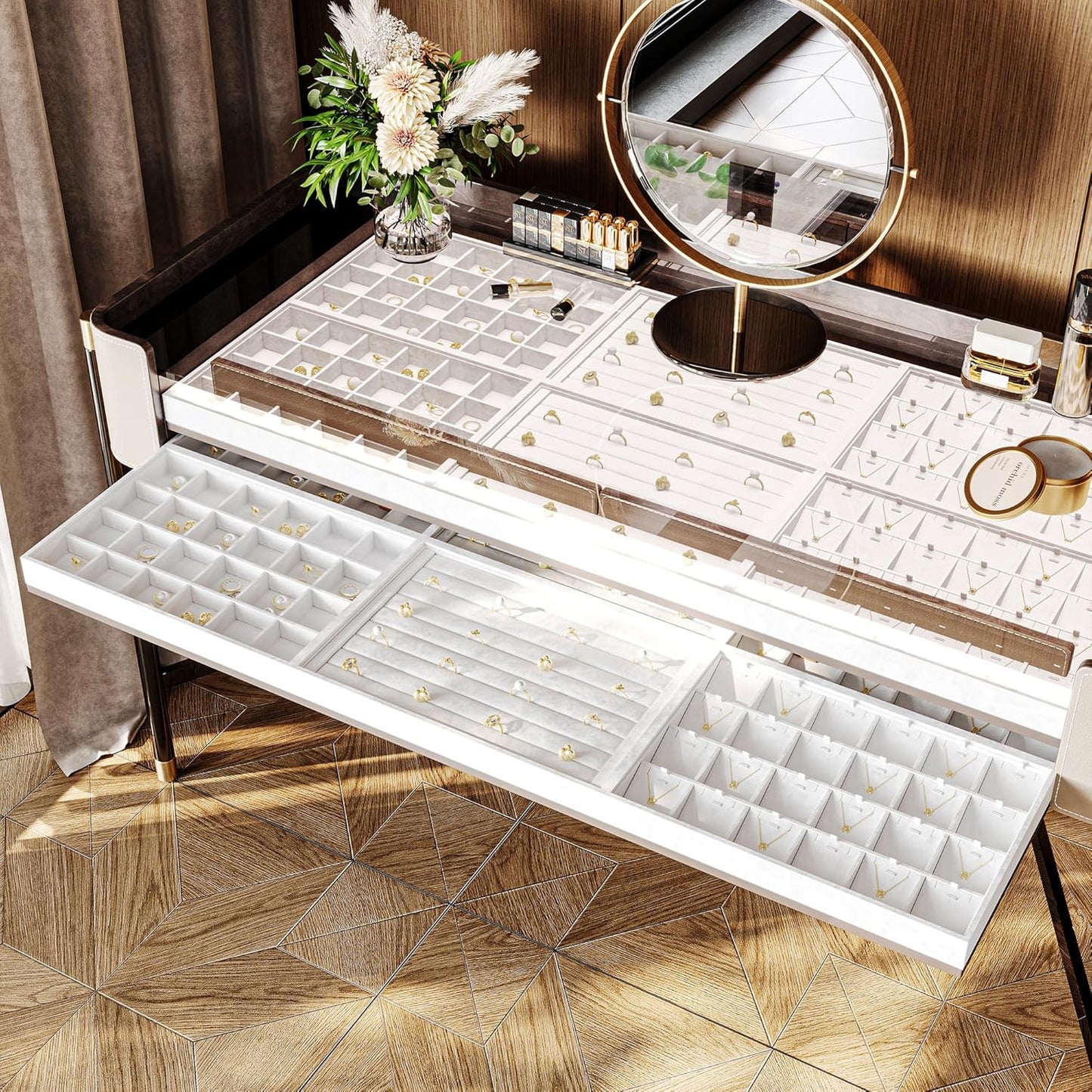 Oirlv Premium White Leather Stackable Jewelry Tray Ring Holder Organizer Showcase Ring Earring Display