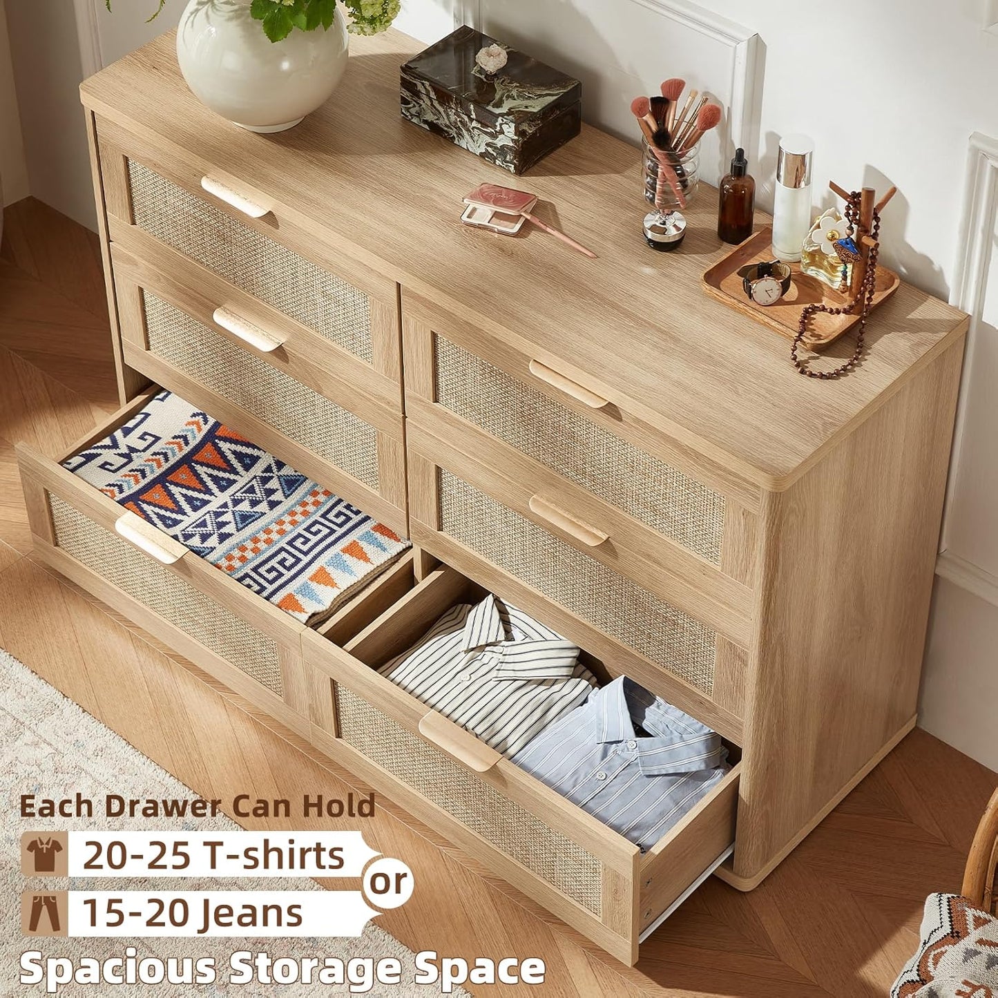 LEYAOYAO Rattan Dresser for Bedroom Set of 2, Boho 48" Wide 6 Drawer Dresser Chest of Drawers, Natural Wood Dressers TV Stand with Metal Handle, Storage Dressers Organizer for Living Room, Hallway