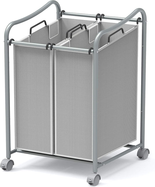 Simple Houseware 2-Bag Heavy Duty Rolling Laundry Sorter Cart, Silver – 2 Section Removable Bags and Lockable Wheels for Laundry Room Organization