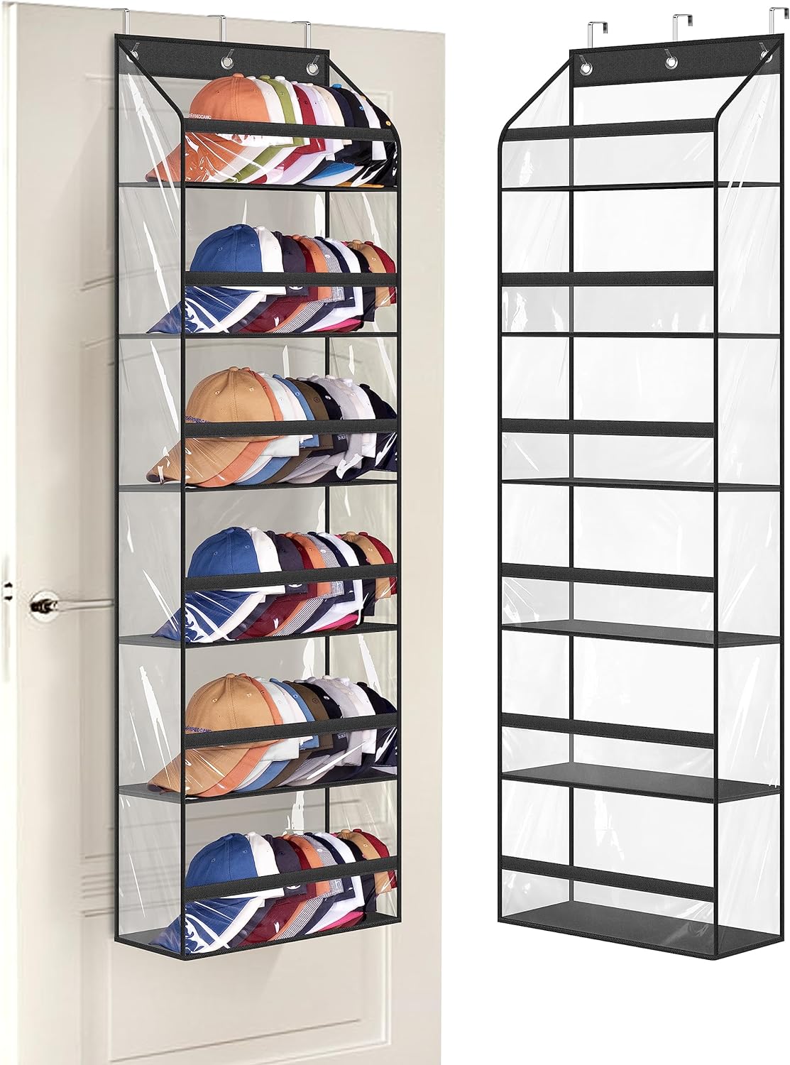 AOODA Clear Over The Door Hat Racks for Baseball Caps, Large Holds up to 72 Caps Hat Storage Organizer for Closet Wall, Deep Pockets Hanging Hat Holder with 3 Hooks, Black