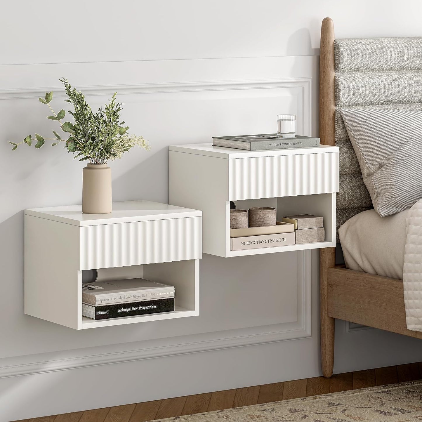 Small Floating Nightstand with Drawer, Modern Night Stand with Fluted Door and Open Storage Shelf Wall Mounted Bedside Table for Bedroom, Entryway White