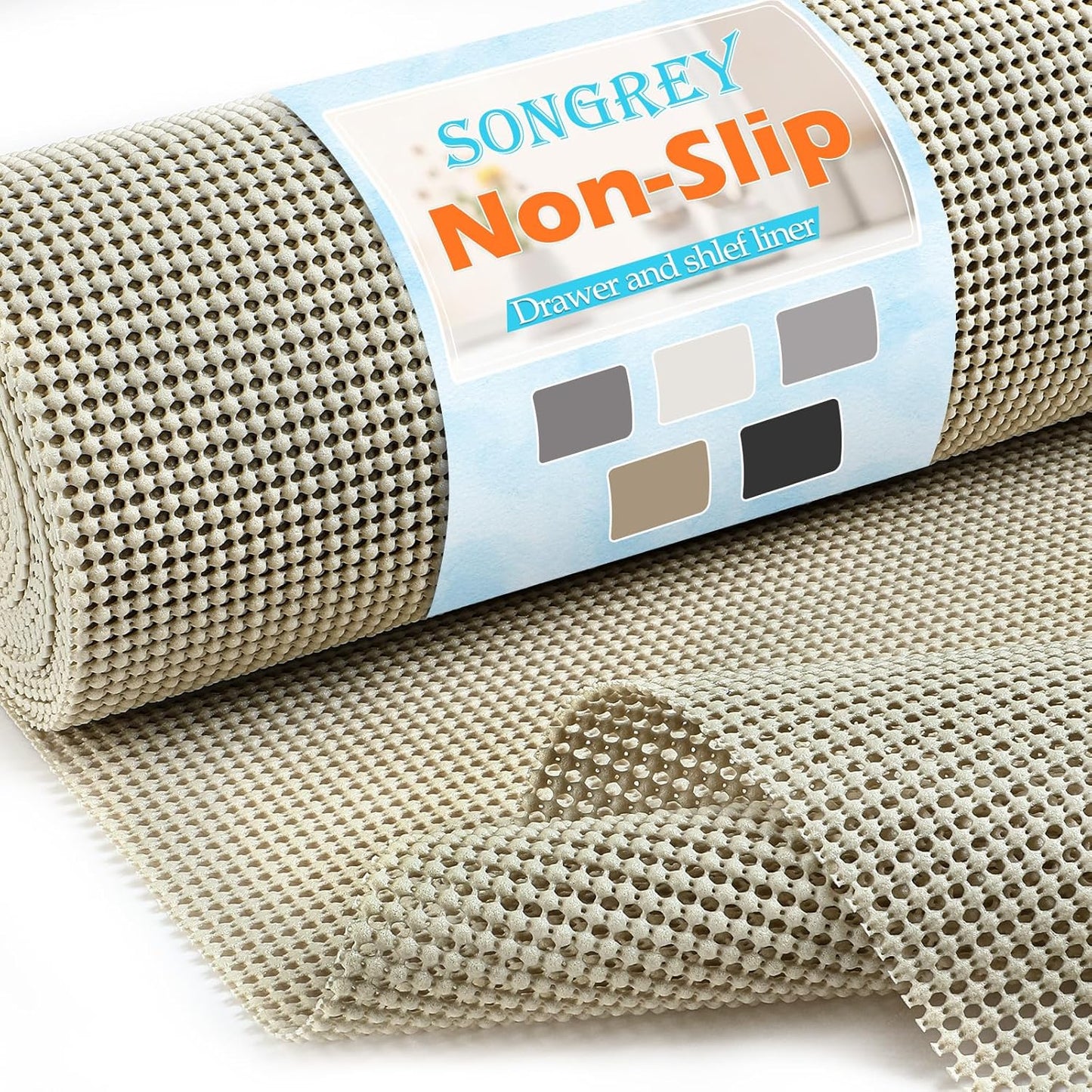Songrey Non-Adhesive Drawer and Shelf Liner, Non Slip Cabinet Liners, Protect Kitchen Cupboard, Bathroom Drawers, Breathable, Thick Strong Grip mat (17.5IN x 10FT, Beige)