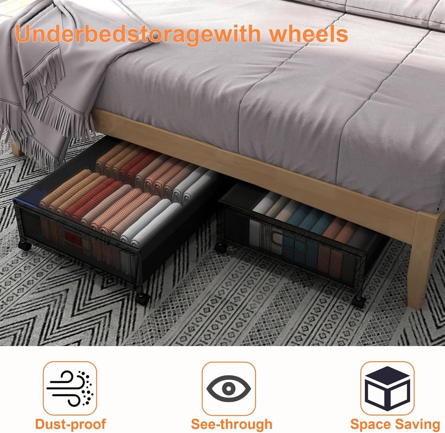 QUELIEN Under Bed Storage with Wheels – Large Rolling Underbed Storage Containers and Drawers, Shoe Organizer Box for Clothes, Toys, Blankets (Black, 1 Pack)