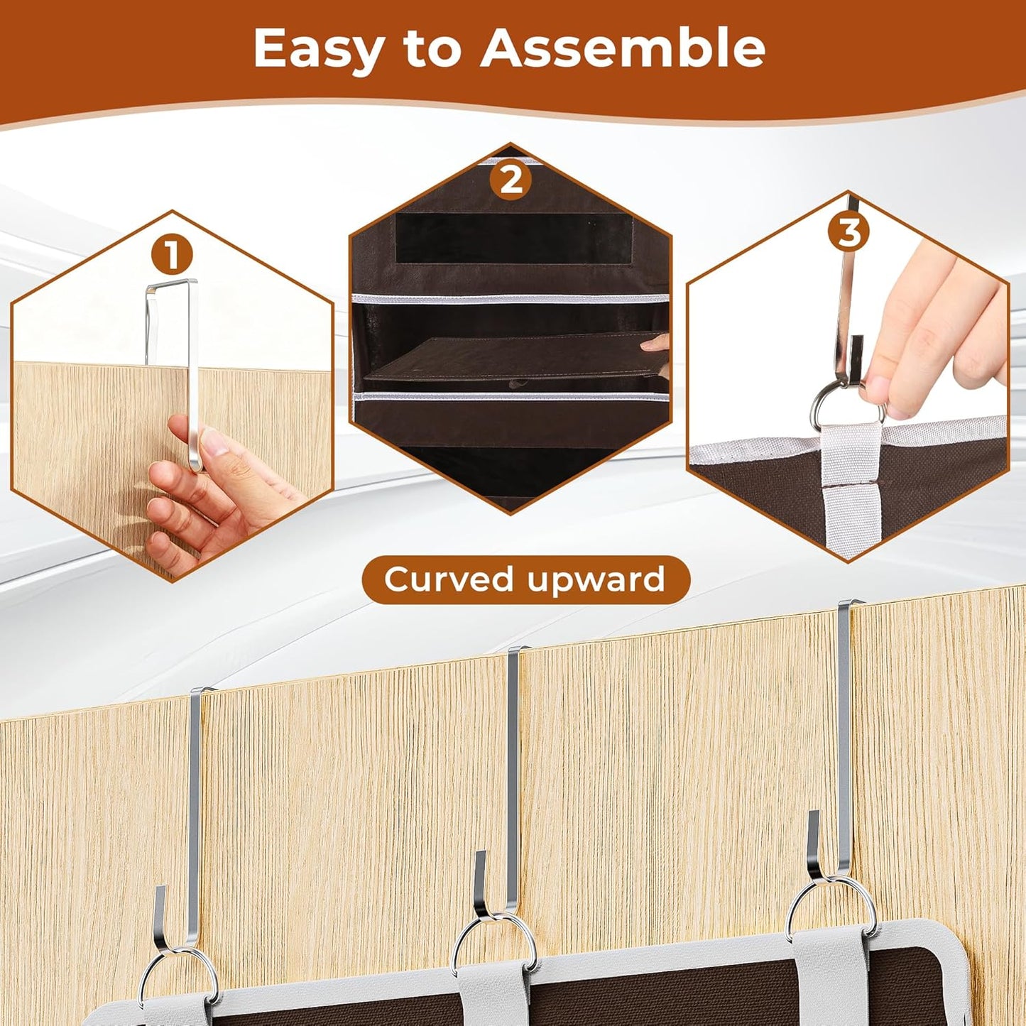 5-Tier Over The Door Storage Organizer with 10 Side Mesh Pockets, 48 lbs Load Capacity, 3 Hooks Design, Door Hanging Organizer with Clear Windows for Bathroom, Bedroom, Nursery, Kitchen-Brown