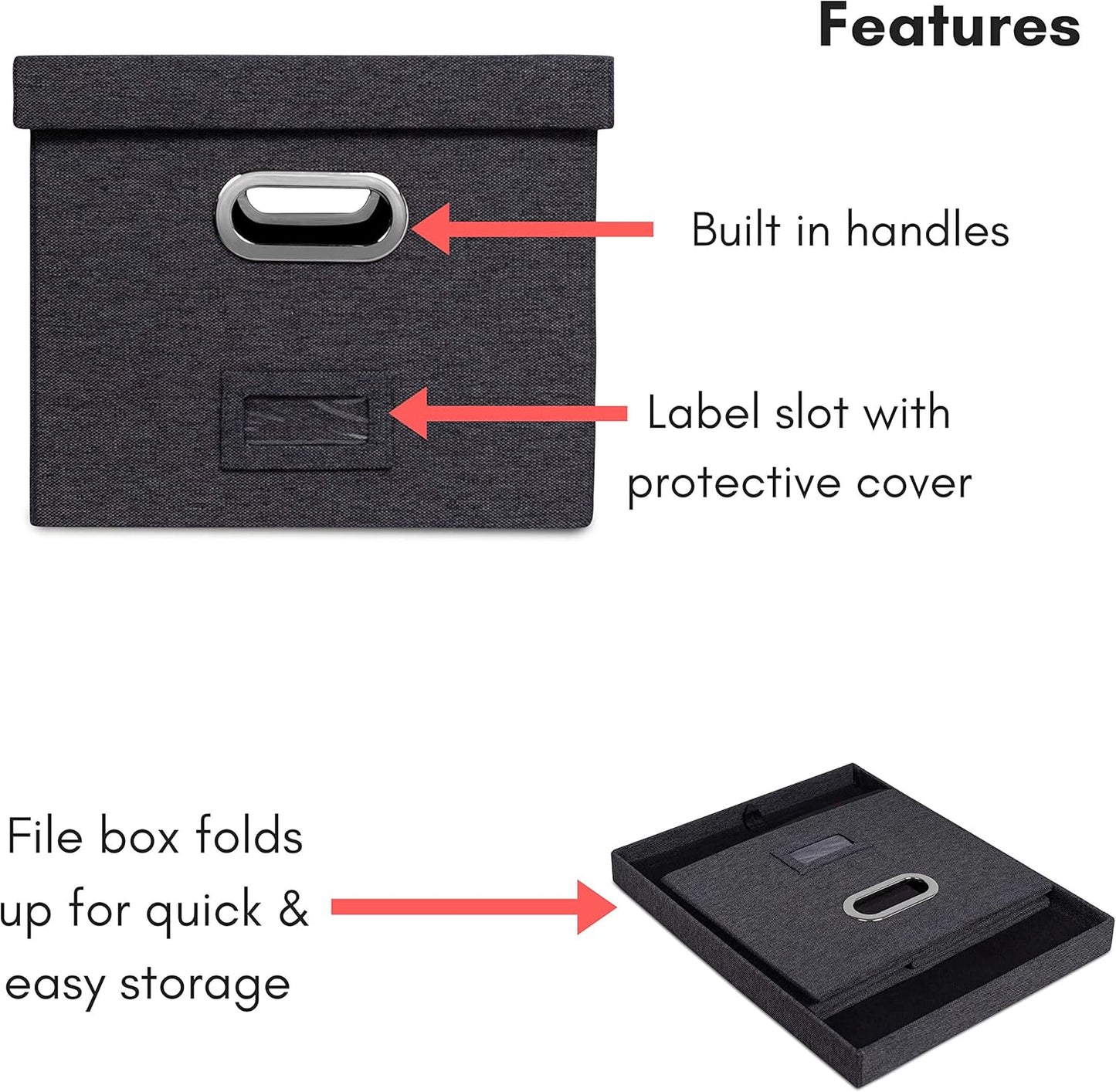 Internet's Best Collapsible File Storage Organizer with Lid - Decorative Linen Filing & Storage Office Box – Hanging Letter/Legal Folder – Home Office Bins Cabinet – Charcoal Container - 6 Pack
