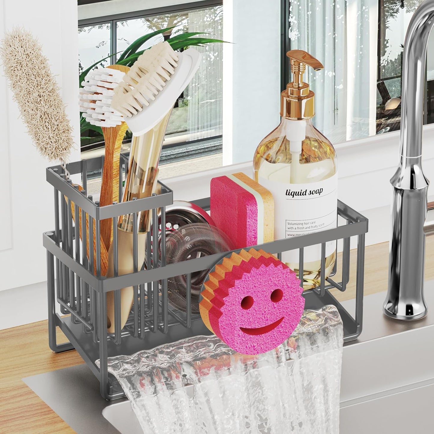Sponge Holder for Kitchen Sink,Smiley Face Sink Caddy with Removable Brush Holder,Self-Draining Sponge Caddy for Soap,Dish Brush,Scrubber,Kitchen Essentials and Gadgets-Charcoal Gray