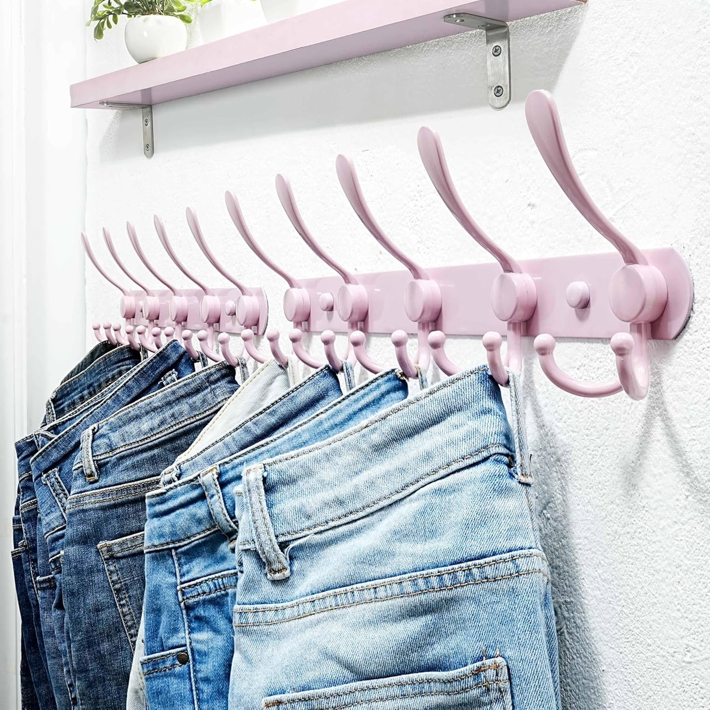 Dseap Coat Rack Wall Mounted - 5 Tri Hooks, Heavy Duty, Stainless Steel, Metal Coat Hook Rail for Coat Hat Towel Purse Robes Mudroom Bathroom Entryway, Pink