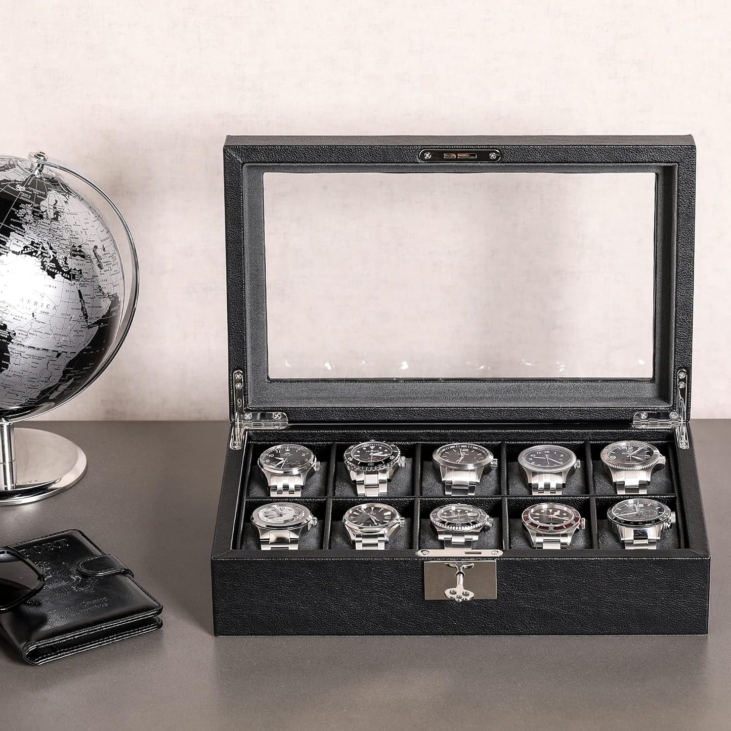 ROTHWELL 10 Slot Leather Watch Box - Luxury Case Display Jewelry Organizer - Locking Watch Display Case Holder with Large Glass Top - Box Organizer for Men and Women (Black/Grey)