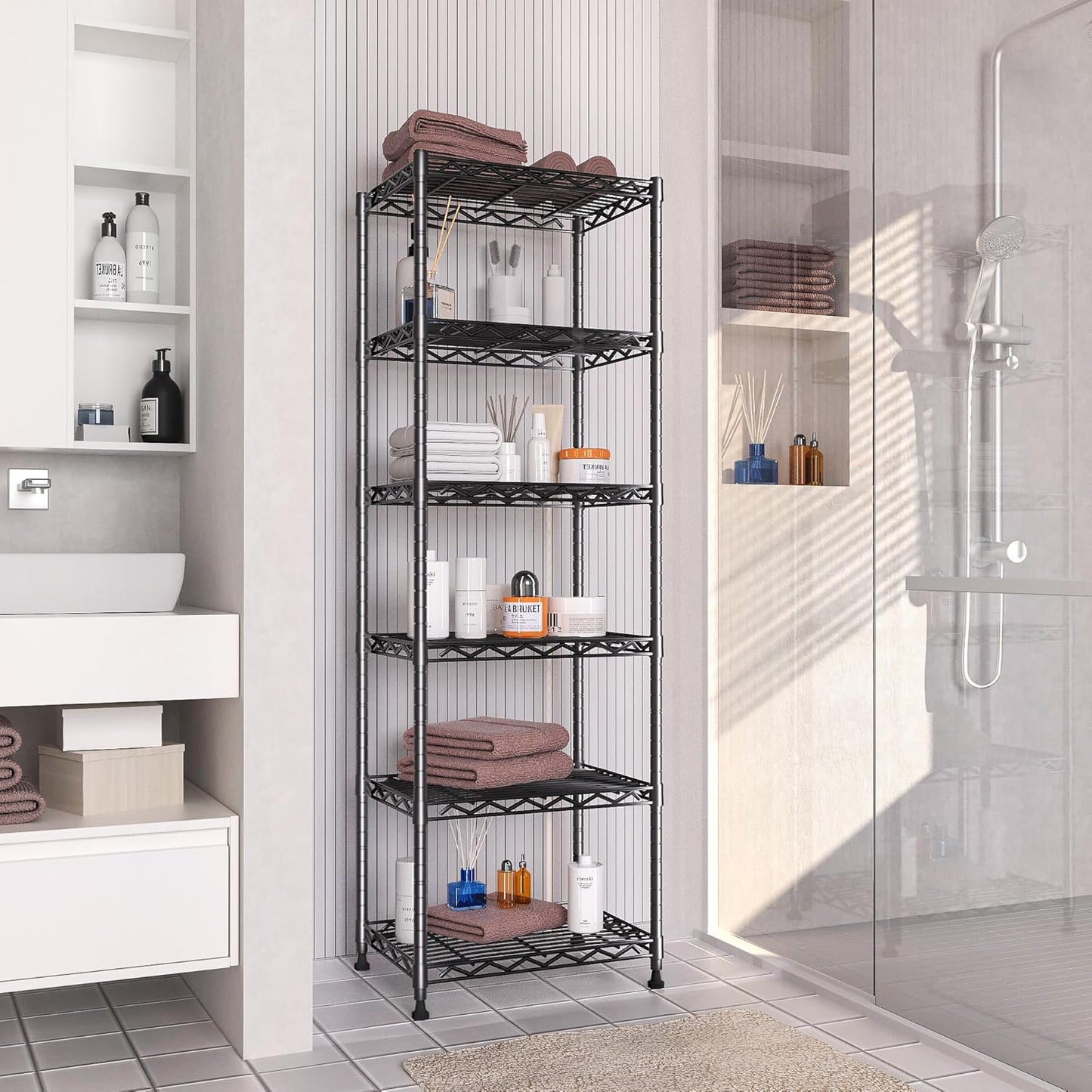 GIOTORENT 6-Tier Storage Shelves Standing Shelving Metal Units, Adjustable Height Wire Shelf Display Rack for Pantry Laundry Bathroom Kitchen 16.6” x 11.8” x 63”, Black