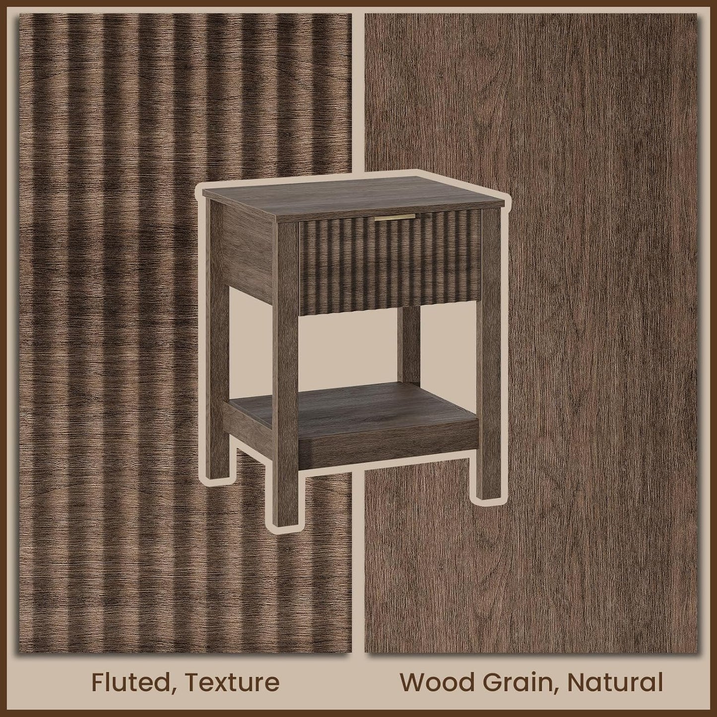 Fluted Night Stand with Golden Handle,Set of 2 Mid-Century Nightstands with Drawer,Bedside Table with Storage Shelf,Large End Tables for Livingroom,Bed Side Tables for Bedroom,Walnut