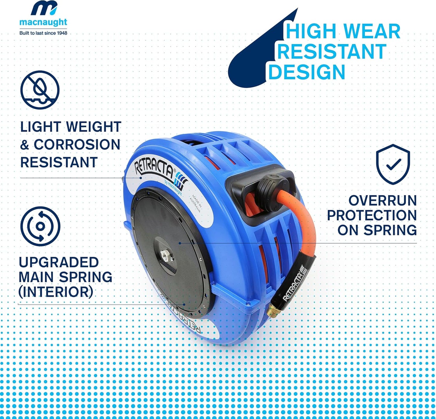 Macnaught Retractable Air/Water Hose Reel with 3/8 in. x 65 FT Hybrid Hose, 10 Year Warranty, Ceiling/Wall Mounted Heavy Duty Industrial Commercial with Bracket, 300PSI