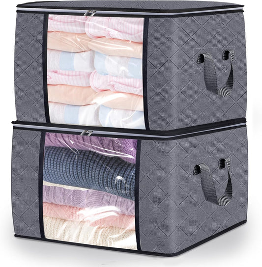 2 Pack Clothes Storage Bags, 90L Large Blanket Storage Bag Comforter Storage Bin with Reinforced Handle and Lid Foldable Closet Organizer and Storage Containers for Bedding Pillows Sheets and Duvet