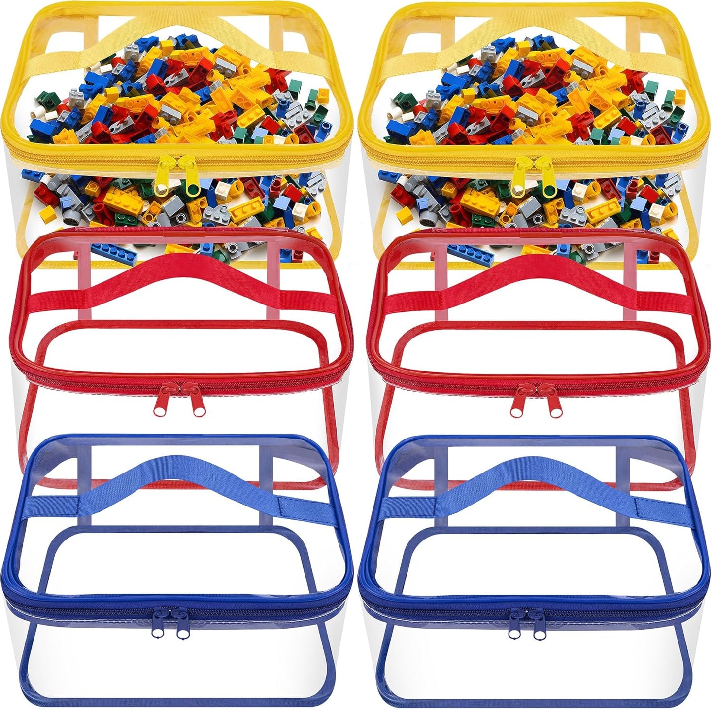 6 Packs Clear Toy Storage Bags- 9.4 x 6.7 x 4.3 Inch Transparent PVC Toy Organizing Bags with Zipper- Waterproof Toy Storage Organizer Pouch for Building Blocks, Small Toys (Red, Blue, Yellow)