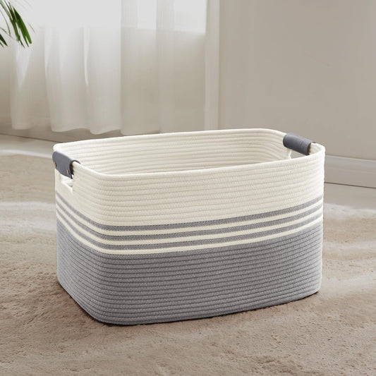 72L Large Laundry Basket with Leather Handles for Living Room Storage, Woven Rope Baskets Bin for Blanket, Kids Toy, Gifts, Wicker Hamper for Bedroom Dirty Clothes, 22"x17"x12" White Grey