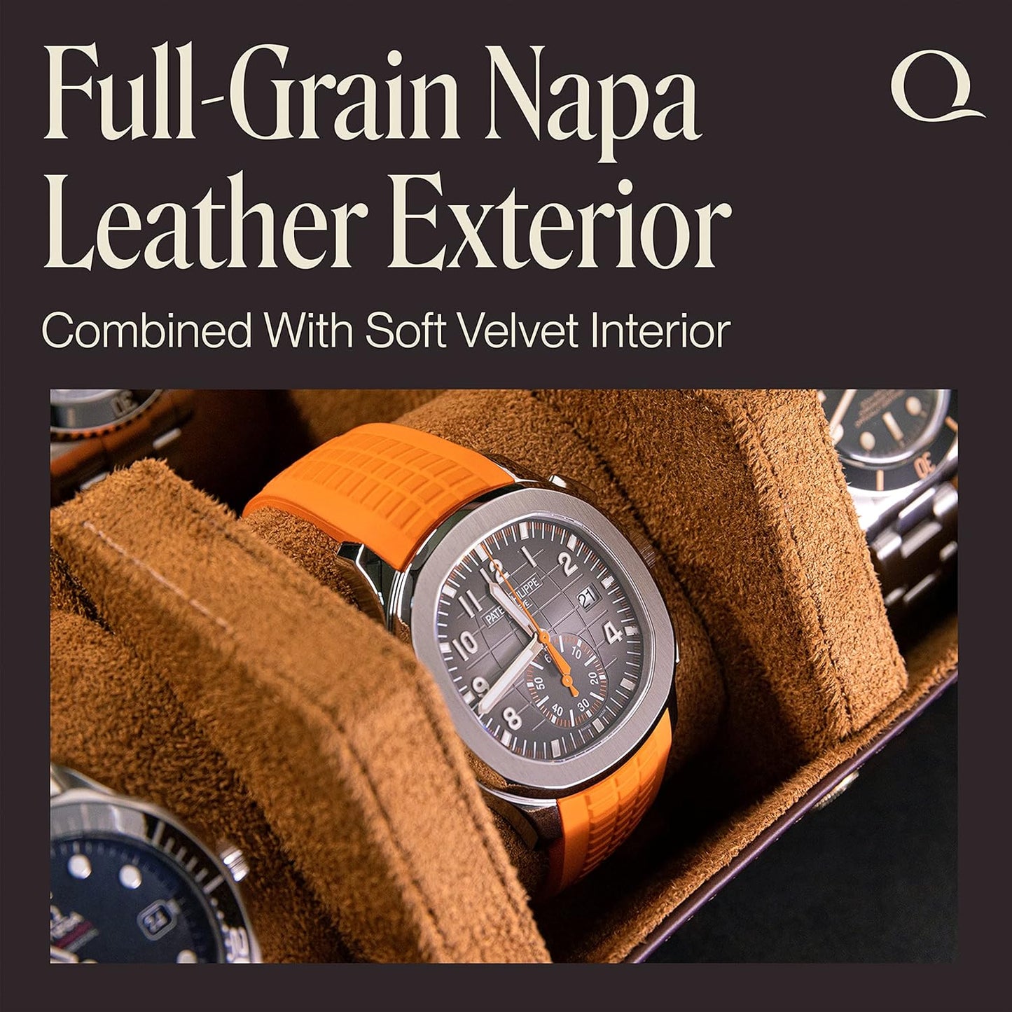 QWATCHBANDS Napa Leather Watch Case for Men - Watch Roll Storage Organizer & Watch Display - Six Slot Luxury Watch Box for Home or Travel - Mens 6 Watch Holder Case (Brown Tan)