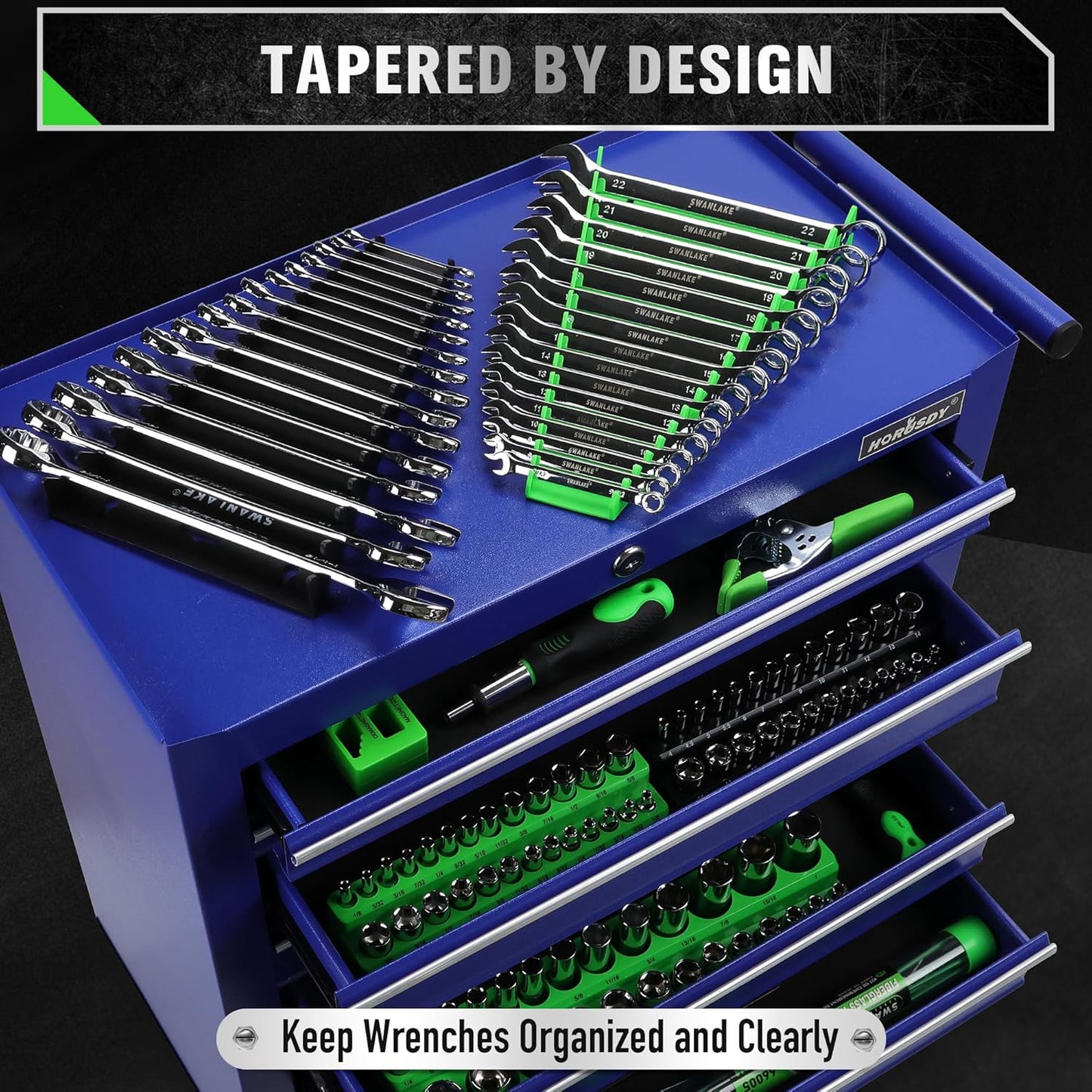 Magnetic Wrench Organizer 4-piece, Wrench Rack Tool Trays SAE (1/4" to 1-1/16"), Metric (6mm to 24mm), 64-Slot Drawer Storage Tools, Wrench Set Holder