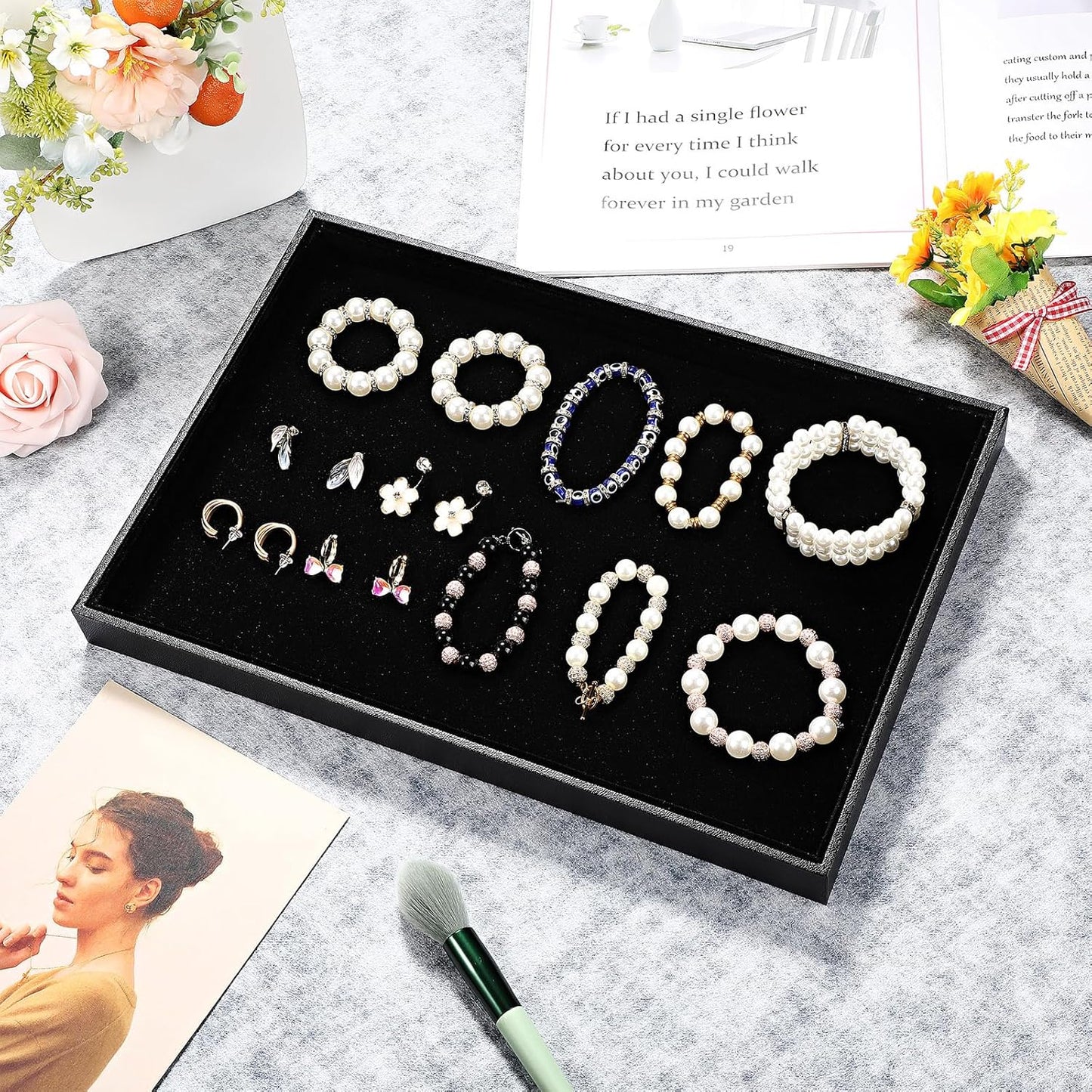Quelay 6 Pcs Velvet Stackable Jewelry Tray Showcase Display, Jewelry Organizer Tray Bracelet Ring Earring Necklace Organizer Empty Plate for Drawers Countertop (Black)