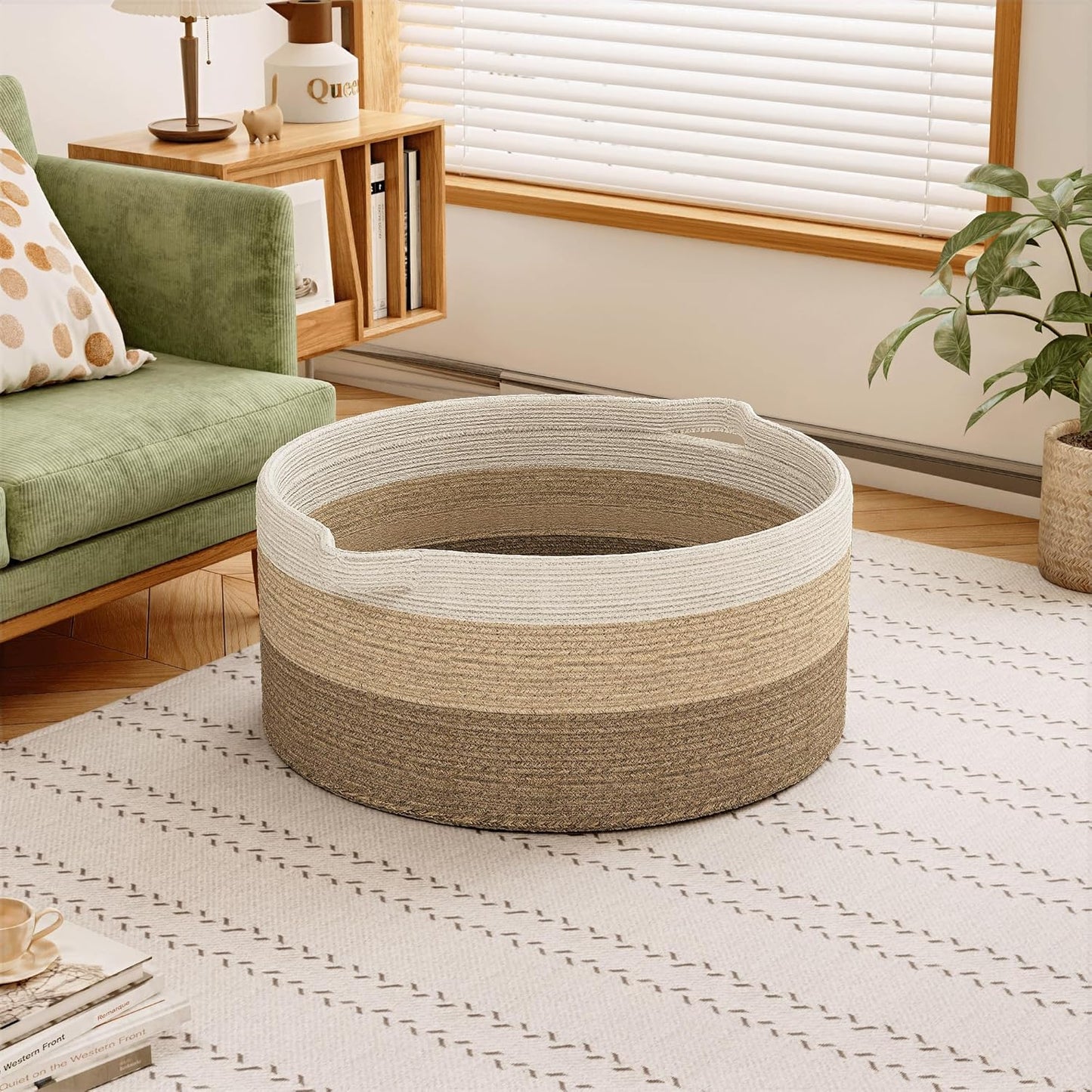 125L Extra Large Blanket Basket, 25" x 16", Jumbo Laundry Woven Cotton Rope Basket with Handles, Baby Toy Storage, Gradual Brown