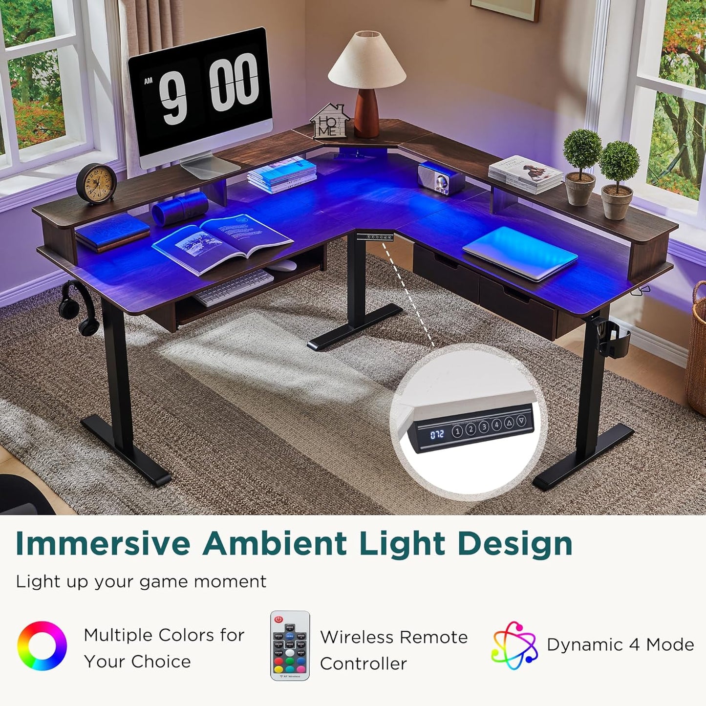 RedLemon 60 Inches L Shaped Electric Standing Desk, Height Adjustable Corner Gaming Desk with Drawers, Keyboard Tray, Power Outlets & LED Lights, Computer Desk with Monitor Shelf, Dark Walnut