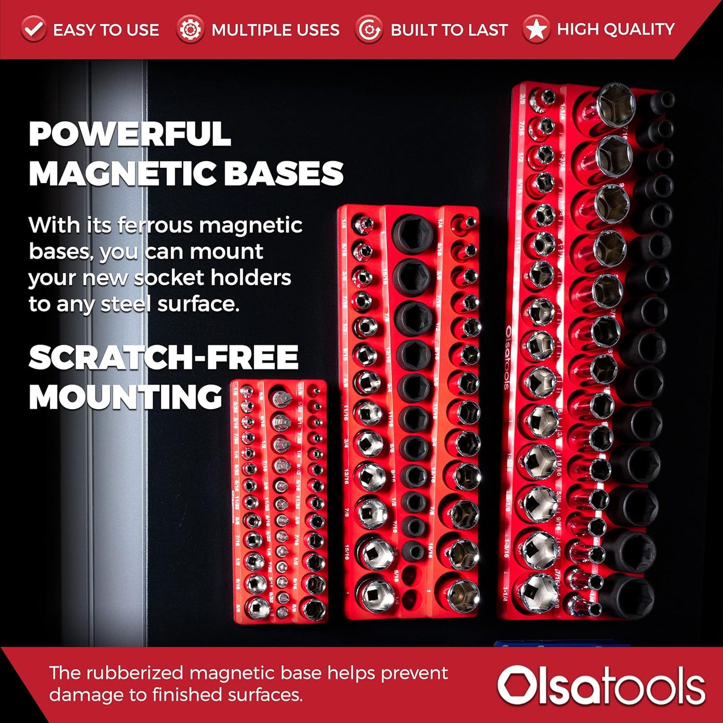 Olsa Tools Magnetic Socket Organizer | 6pc Socket Holder Kit | 1/2-Inch, 3/8-Inch, & 1/4-Inch Drive | Socket Organizers For Toolboxes | Blue | Holds 273 | Professional-Grade Tool Organizer | Part 1669