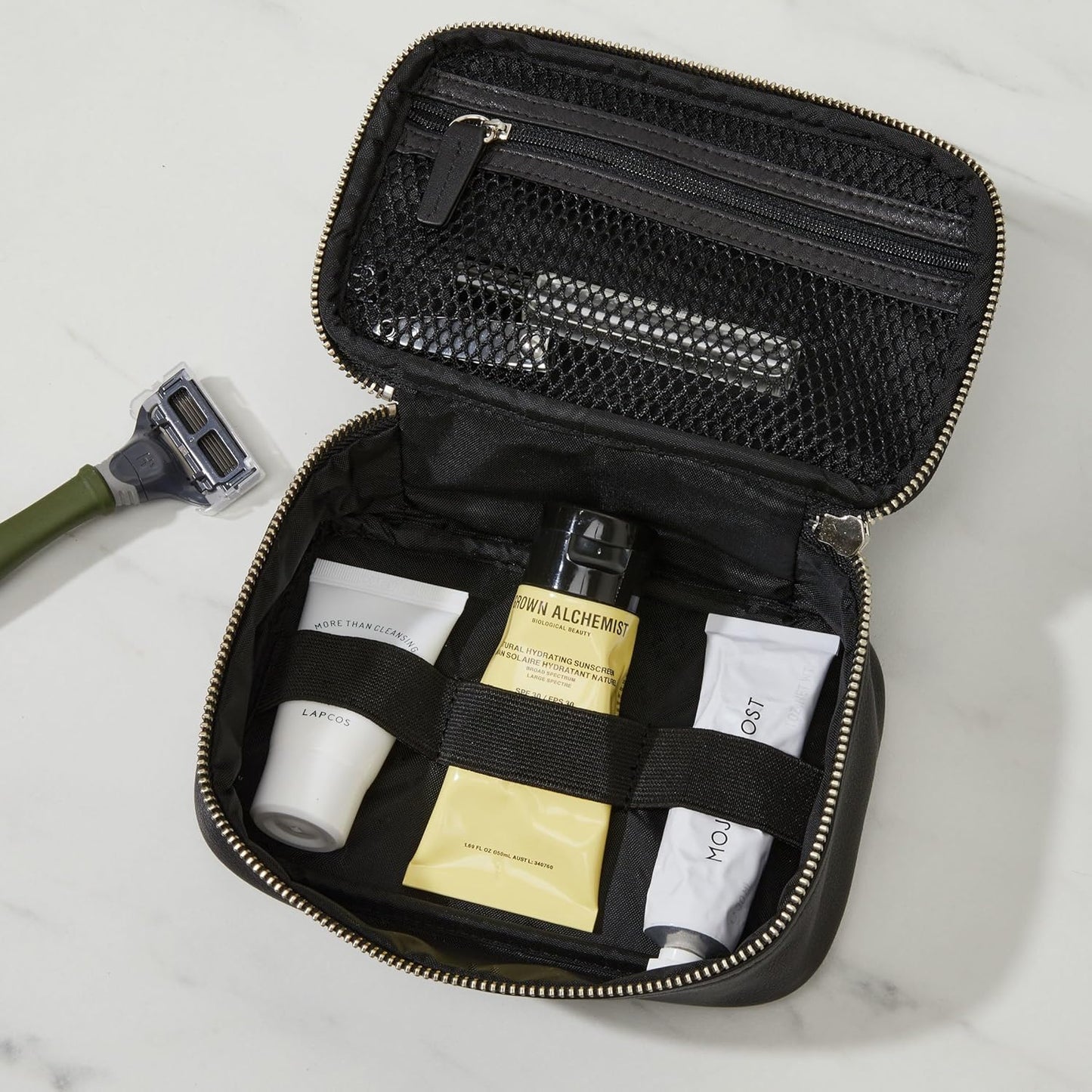 Leatherology Cognac Small Travel Organizer - Zipped mesh storage pocket, elastic loops for organization, compact travel size