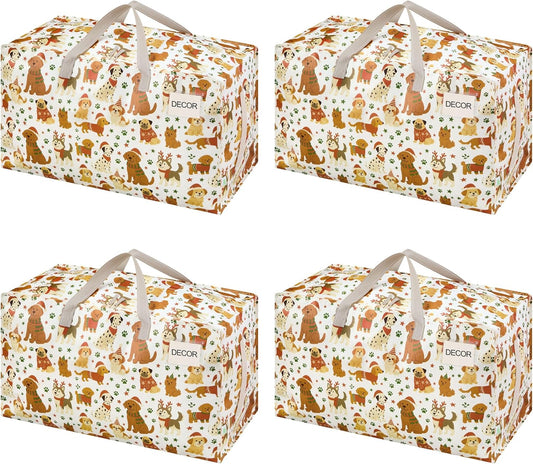 VENO 4 Pack Moving Bags and Large Christmas Decoration Storage Bins with lids. Alternative to Moving Boxes, Packing Supplies for College. Heavy Duty Totes (Holiday Pups, 4 Pack)