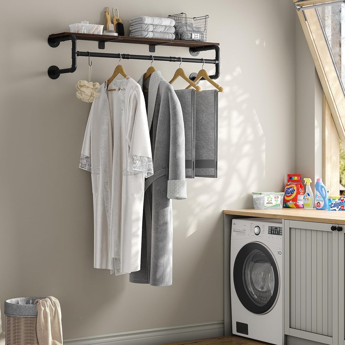 Industrial Pipe Clothes Rack with Top Shelf and 3 Hooks, 41''L Wall Mounted Garment Rack, Heavy Duty Iron Garment Bar, Clothes Hanging Rod Bar, 4 Base Max Load 135Lb Black