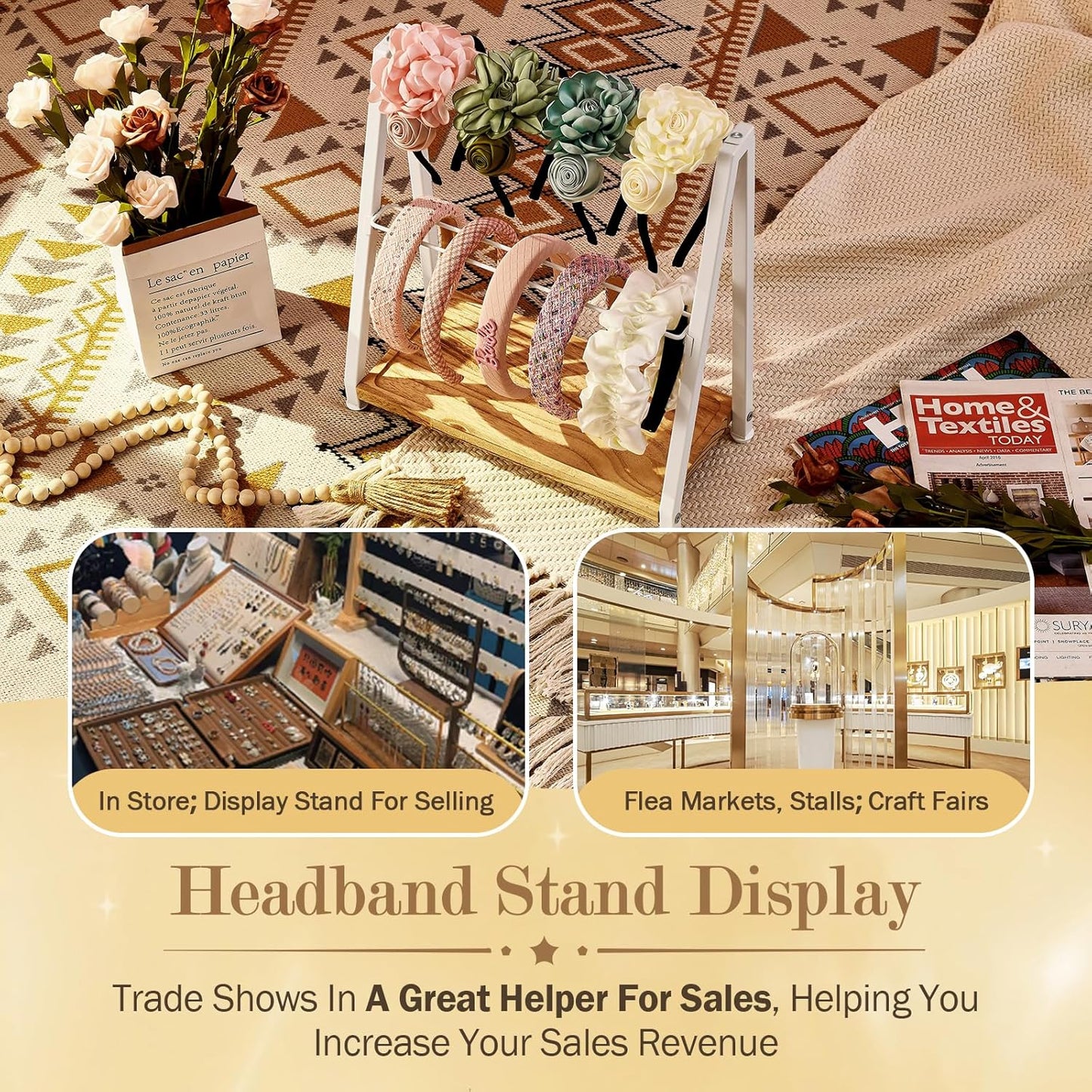 Headband Holder Organizer Metal 2-Tier Display Stand for Selling, Home Bedroom Headband Storage for Girls Women, Headband Stand Wood Base Can Store Hair Ties, White