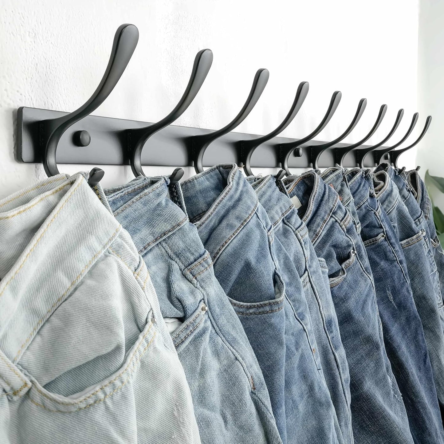 SKOLOO Coat Rack Wall Mounted - 10 Hooks, Pack of 2, Heavy Duty, Stainless Steel, Metal Wall Hanger, Sturdy Coat Hooks for Hanging Coats, Jacket, Clothes, Hat, Black
