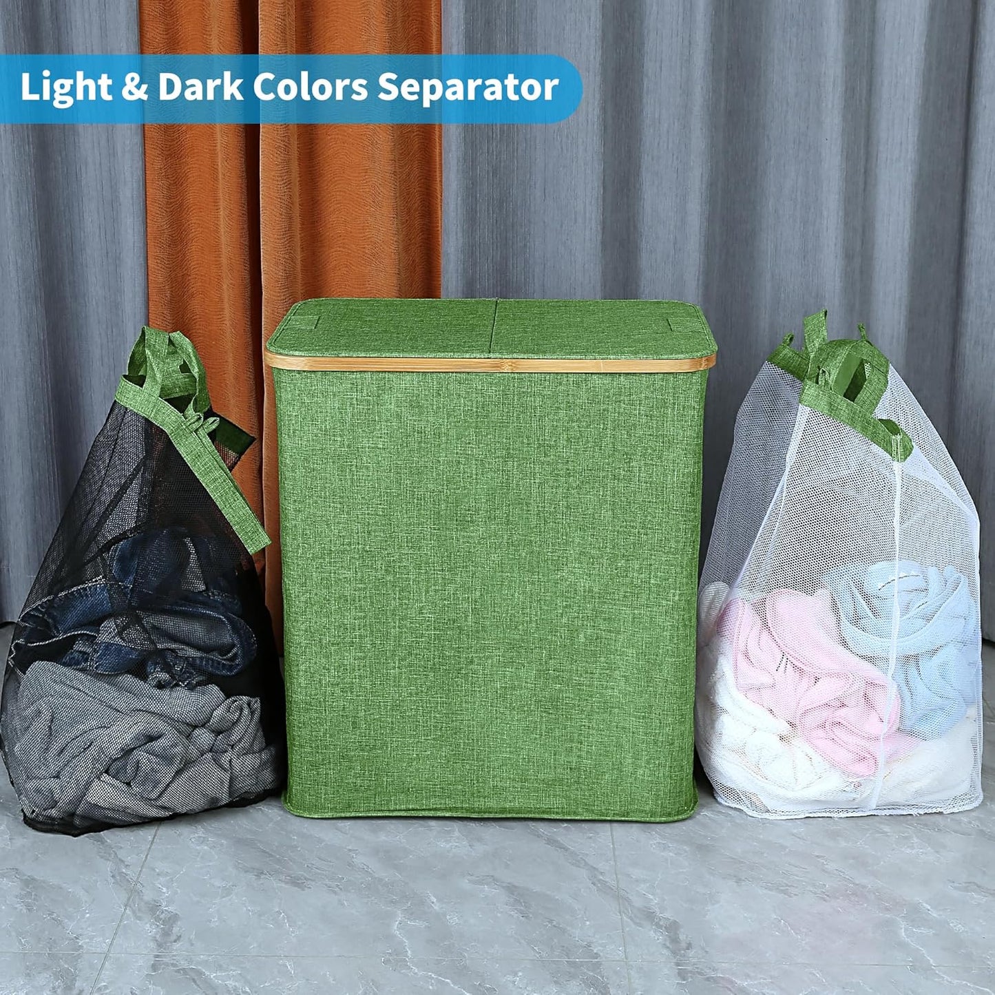 efluky Laundry Hamper with Lid, Double Laundry Hamper with 2 Removable Bags, 2 Section Laundry Basket with Bamboo Handles for Bathroom, Bedroom & Laundry Room,140L Green
