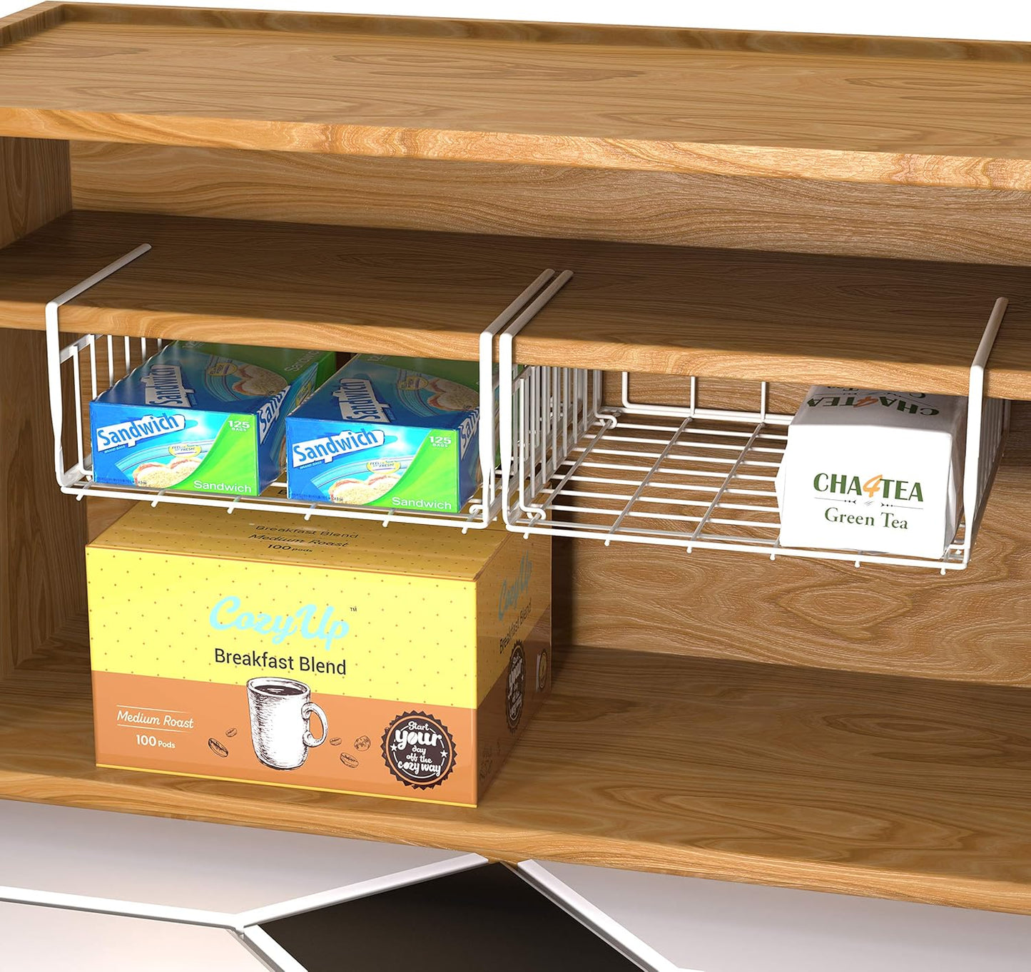 Simple Houseware Under Shelf Basket, White – 2-Pack Space-Saving Storage Organizer for Kitchen, Pantry, Closet, Office – Wire Metal Shelf Organizer, No Tools Required