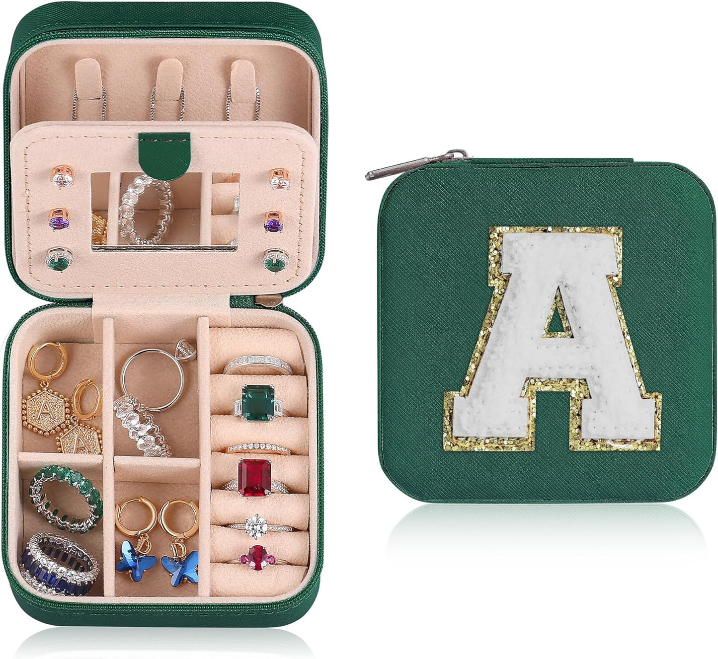 Parima Christmas Stocking Stuffers Gifts for Grandkids Her - Trendy Travel Jewelry Case - Green Travel Jewelry Box | Birthday Gifts for Women Mom Gifts for Women - Letter A, Green