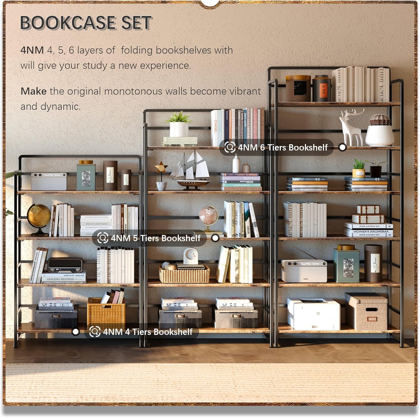4NM No Assembly Extra Wide 5 Tiers Folding Bookshelf Storage Shelves Vintage Bookcase Standing Racks Study Organizer Home Office (Rustic Brown Black)