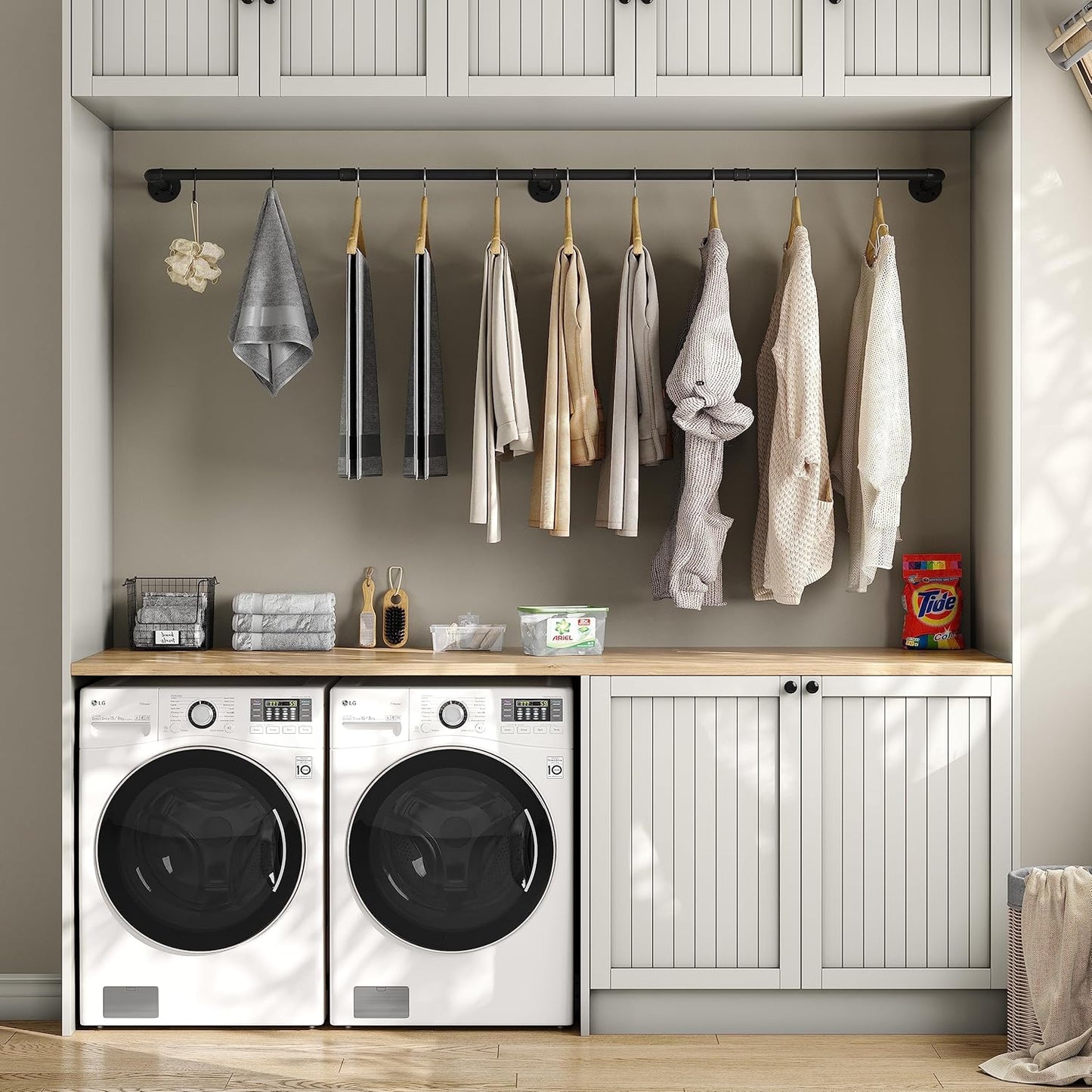 Industrial Pipe Clothes Rack with 3 Hooks, 72’'L Wall Mounted Garment Rack, Heavy Duty Iron Garment Bar, Clothes Hanging Rod Bar for Laundry Room, Max Load 135Lb Black (3 Base)