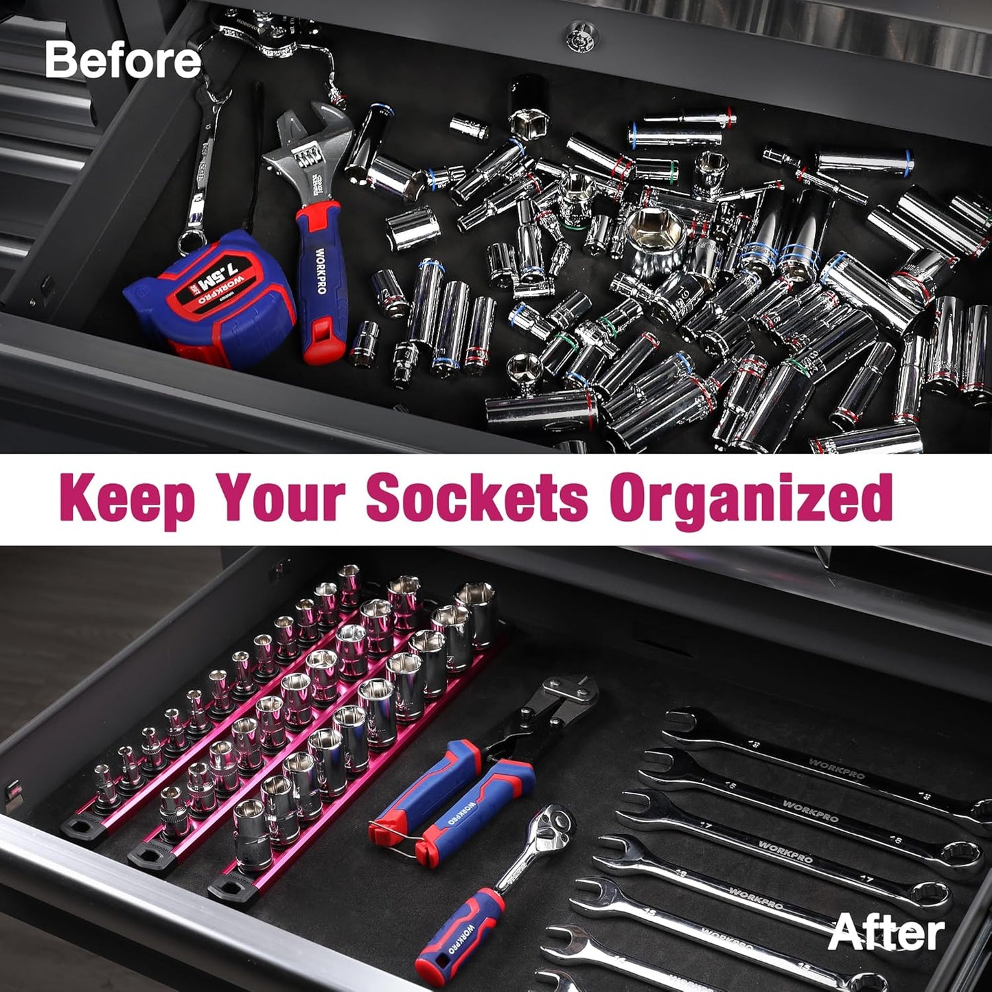 WORKPRO Magnetic Socket Organizer, 1/2-Inch Drive Aluminum Alloy Socket Rail, Heavy Duty Socket Holder, Socket Rack Kit 1/2-Inch x 10 Clips Rose Red(Socket not Included)