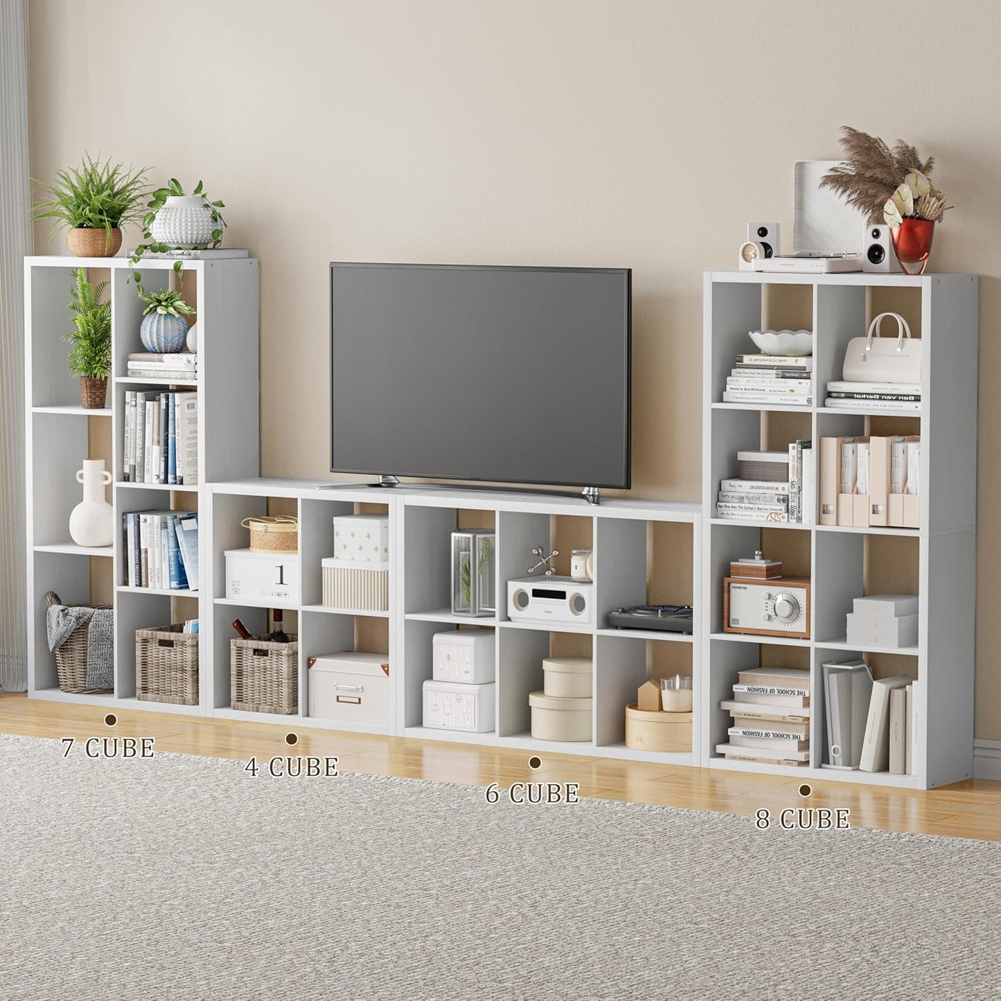 Cube Storage Organizer Bookcase, Decorative 11 inch Open Back Cubical Shelf with Thickened Border, Display Bookshelf for Living Room, Home Office, Sturdy Room (White, 8 Cube)
