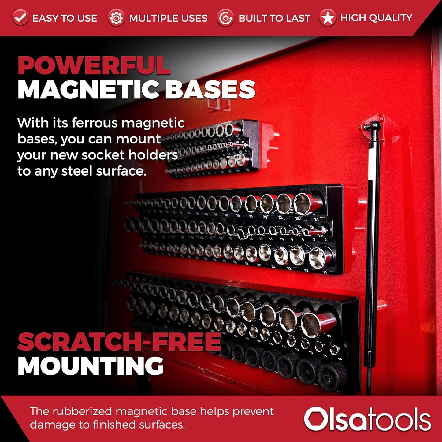 Olsa Tools Magnetic Socket Organizer | 3pc Socket Holder Kit | 1/2-Inch, 3/8-Inch, 1/4-Inch Drive | Socket Organizers For Toolboxes | Black | Holds 141 | Professional-Grade Tool Organizer | Part 1563