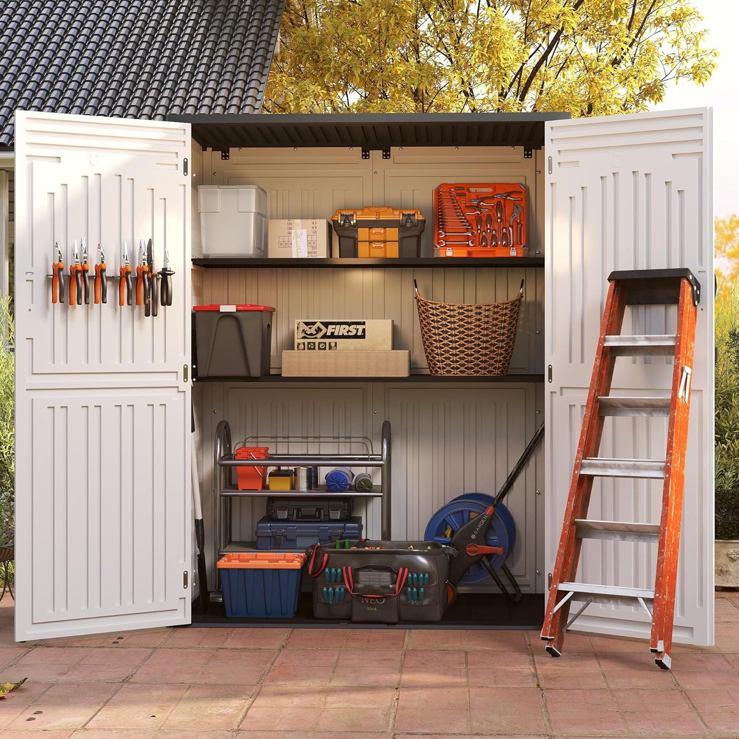 EHHLY Vertical Resin Storage Shed, 60 Cuft Garden Tool Sheds & Outdoor Storage, Plastic Outdoor Storage Cabinet Waterproof, 4.5 x 2.3 ft Backyard Outside Lawn Mower Storage Shed, Light Grey