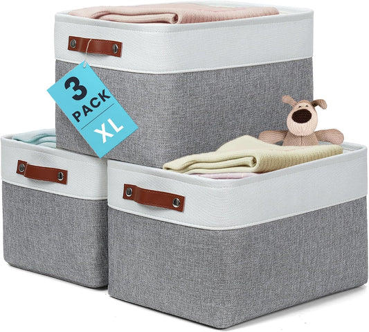 OrganiHaus Extra Large Fabric Storage Baskets for Shelves 3 Pack, 16x13in Closet Storage Bins for Shelves, Canvas Baskets for Organizing, Linen Closet Organizers, Cloth Basket, Gray/Off-White