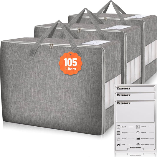 3 Pack 105L Comforter Storage Bags, Extra Large Bedding Storage Bags with Card and Clear Window, Reinforced Handles & Zippers, Foldable Closet Organizers for Blanket Pillow Clothes