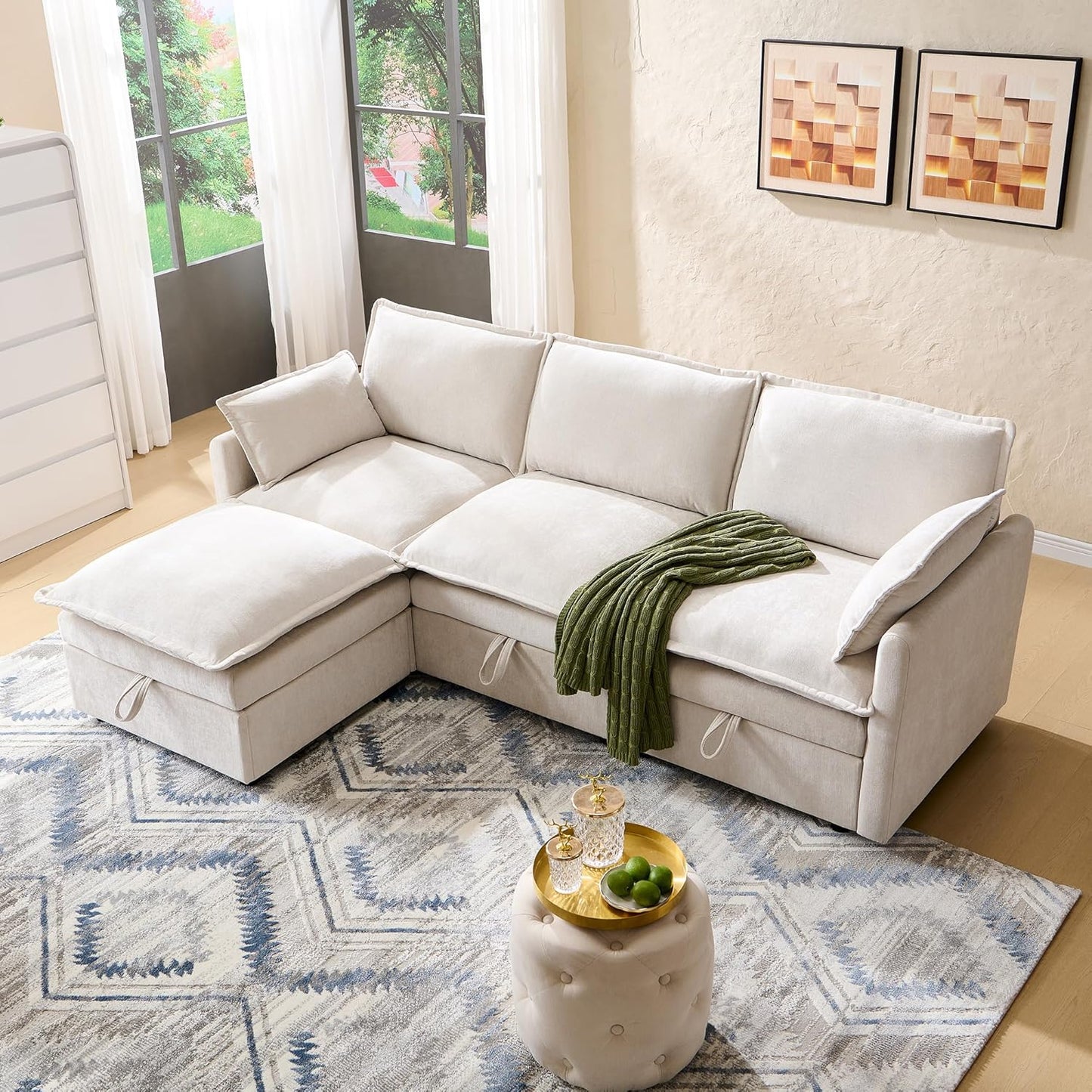 88.98" Sectional Couches for Living Room, Cloud Couch Sectional with Large Storage, L-Shape Modular Sectional Sofa with Ottoman, 4 Seater Chenille Sofa with Pillow for Apartment, Bedroom, Beige