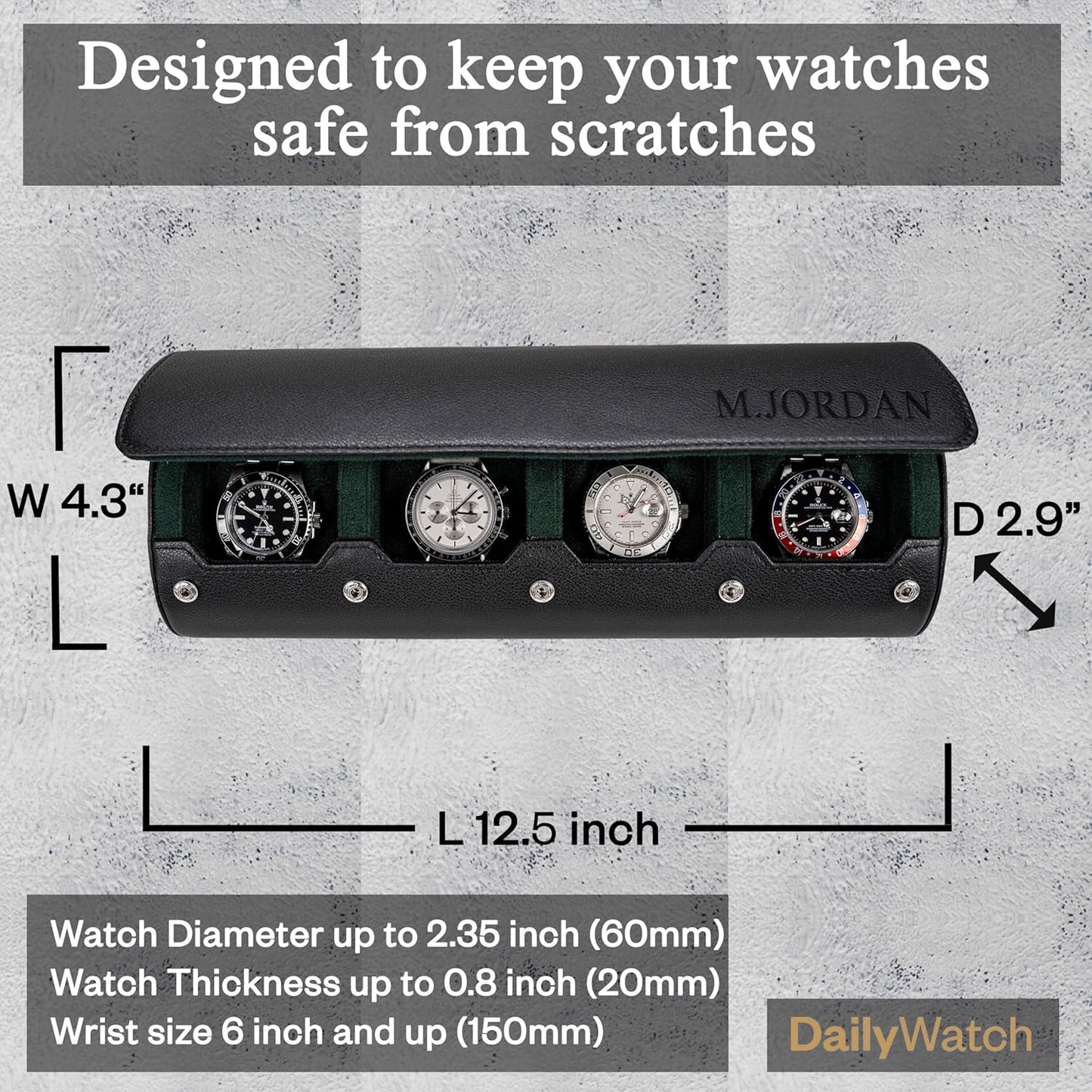 DailyWatch | Personalized Watch Roll Travel Case For 4 Watches - Handmade Genuine Leather Travel Case With Custom Engraving of Name or Initials - Black Green