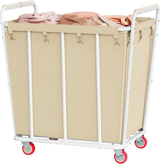 Hoctieon Large Laundry Cart with Wheels, 400L Heavy Duty Laundry Basket Organizer, Rolling Hamper Sorter for Clothes Storage, Industrial Dirty Clothes Hamper for Home & Hotel, Beige